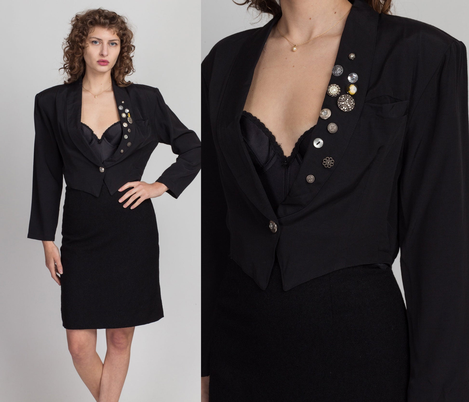 80s 90s Black Decorative Button Cropped Blazer - Small 