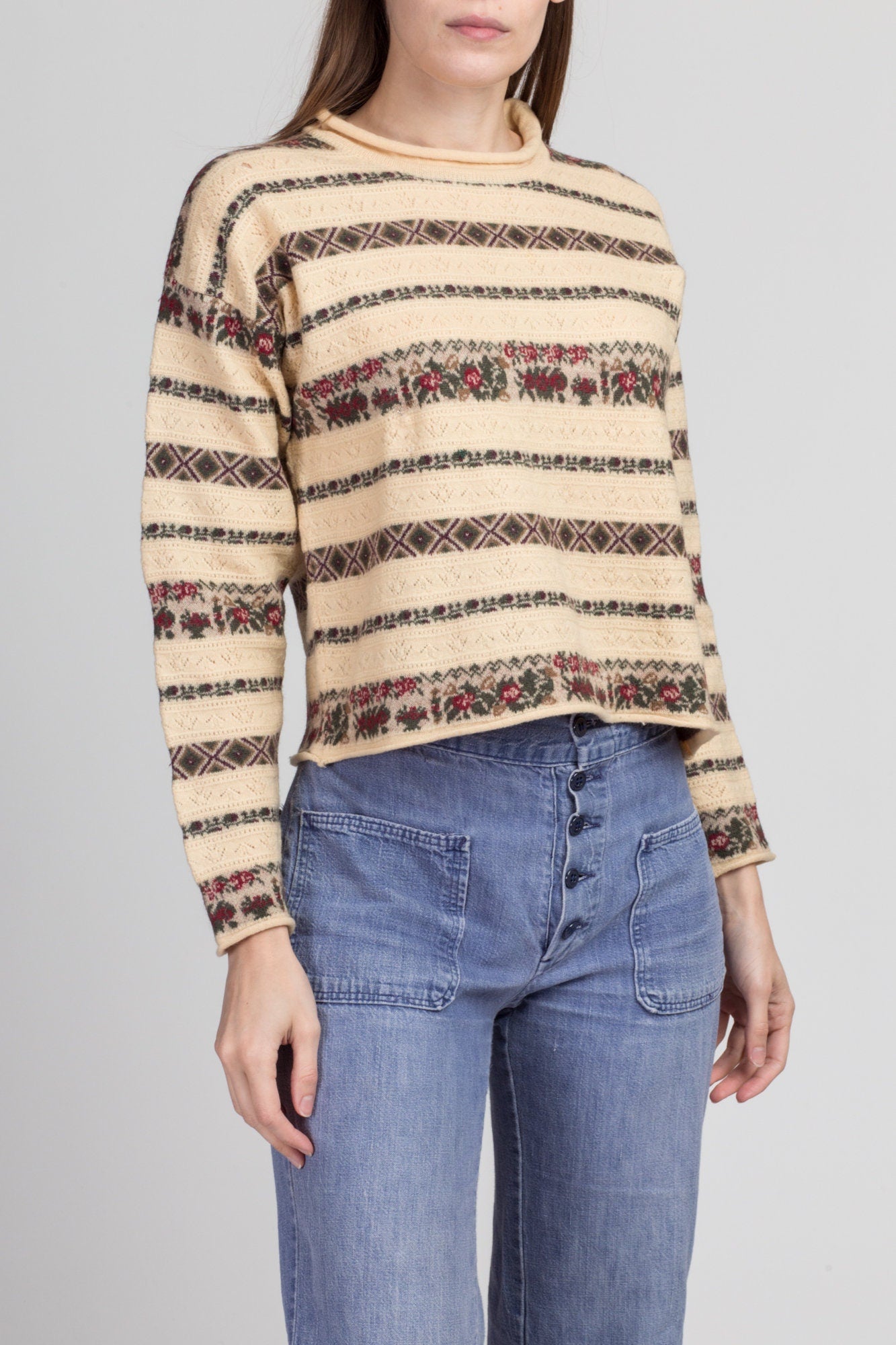 90s Ann Taylor Floral Wool Knit Sweater - Small 