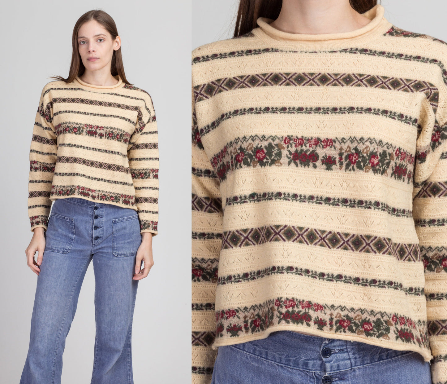 90s Ann Taylor Floral Wool Knit Sweater - Small 