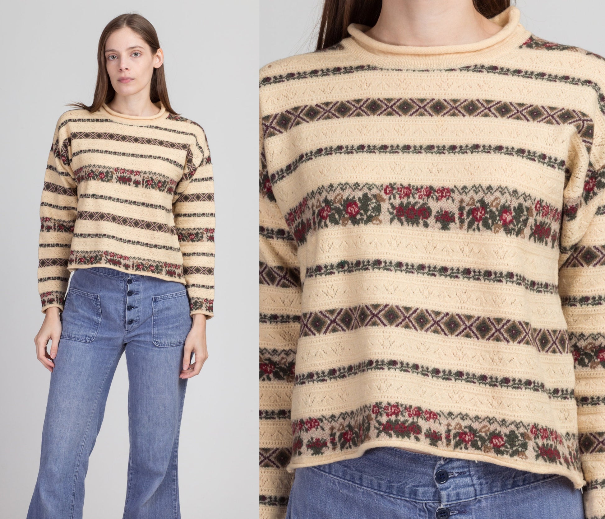 90s Ann Taylor Floral Wool Knit Sweater - Small 
