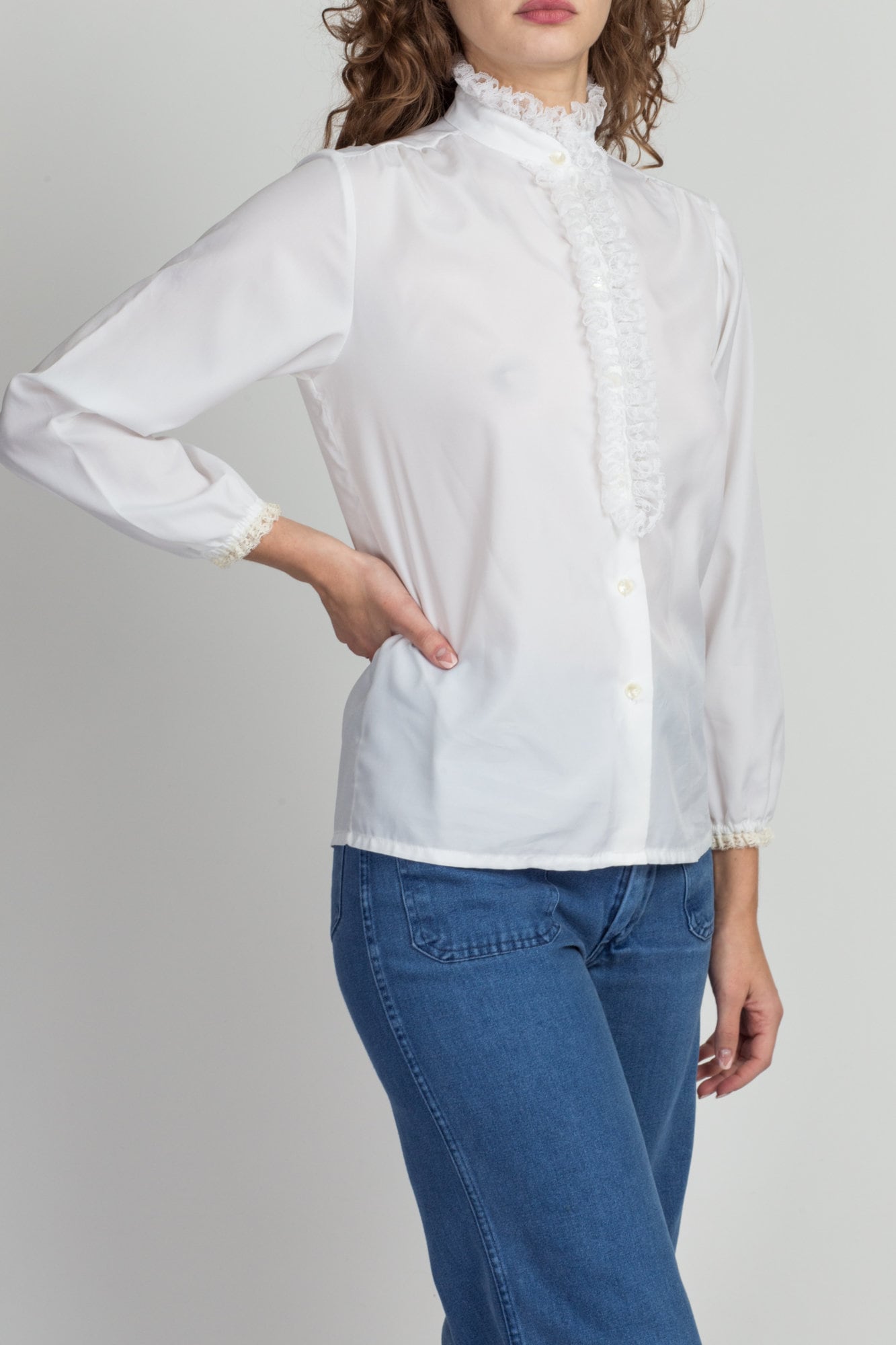 70s Edwardian White Lace Ruffle Blouse - Small 