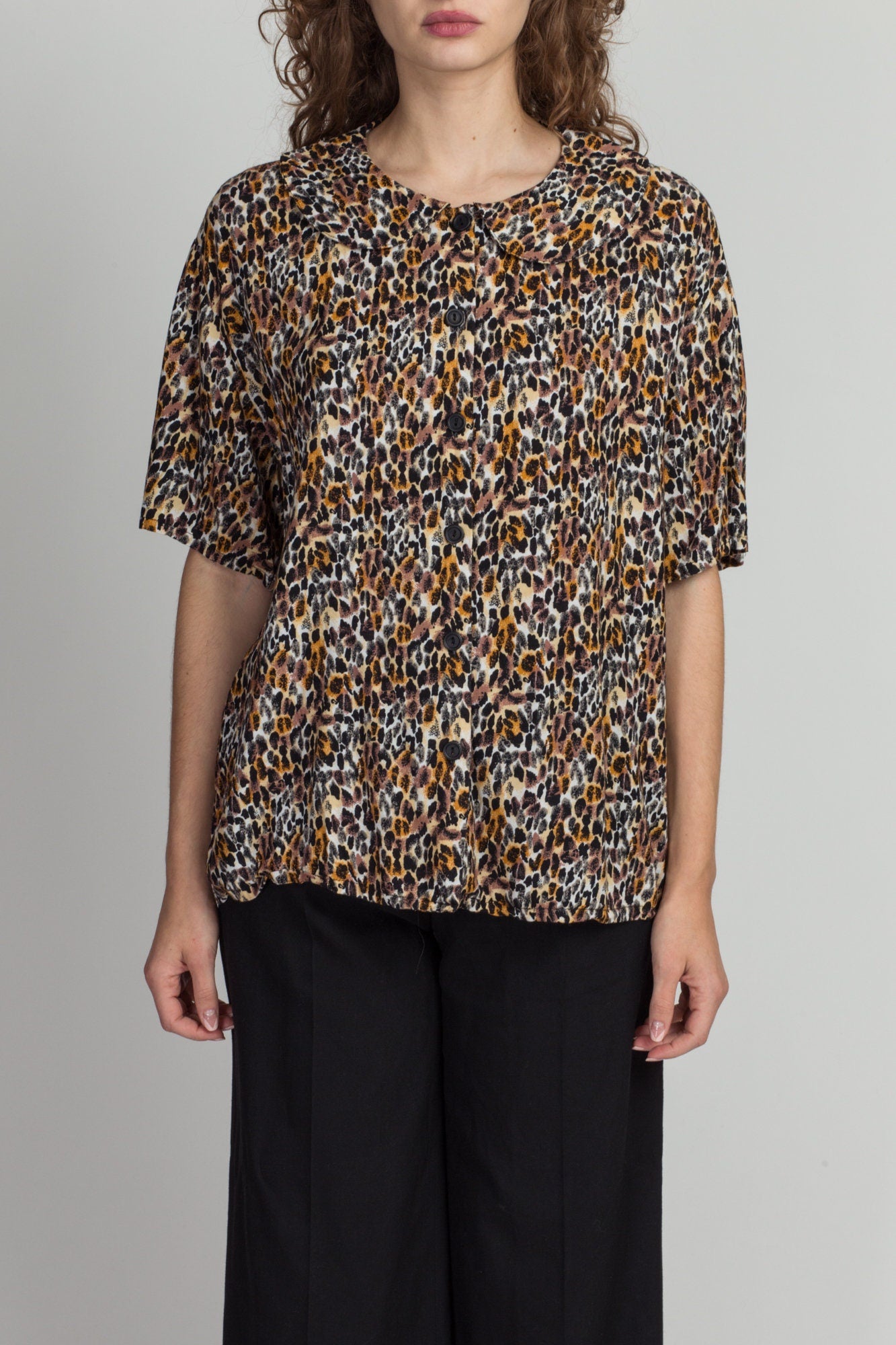 80s Leopard Print Peter Pan Collar Shirt - Extra Large 