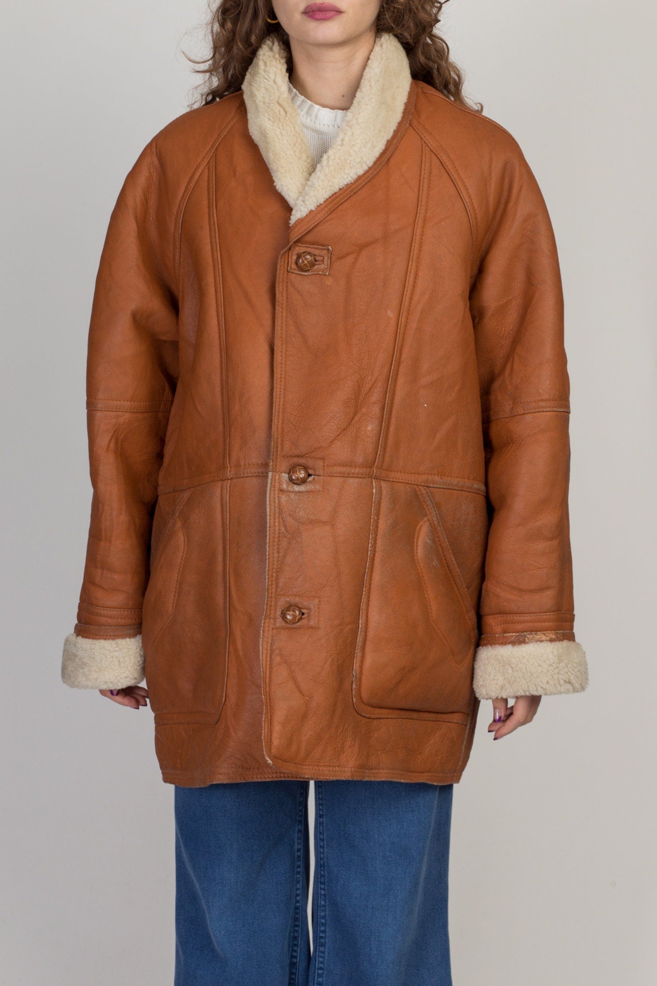 80s Walter Davoucci Leather Sherpa Coat - Men's Medium, Women's Large 