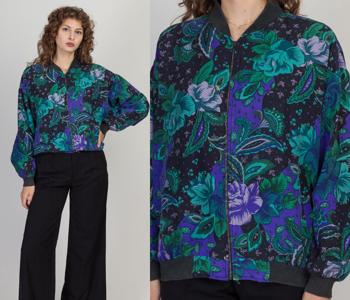80s Silk Floral Print Jacket - Large to XL 