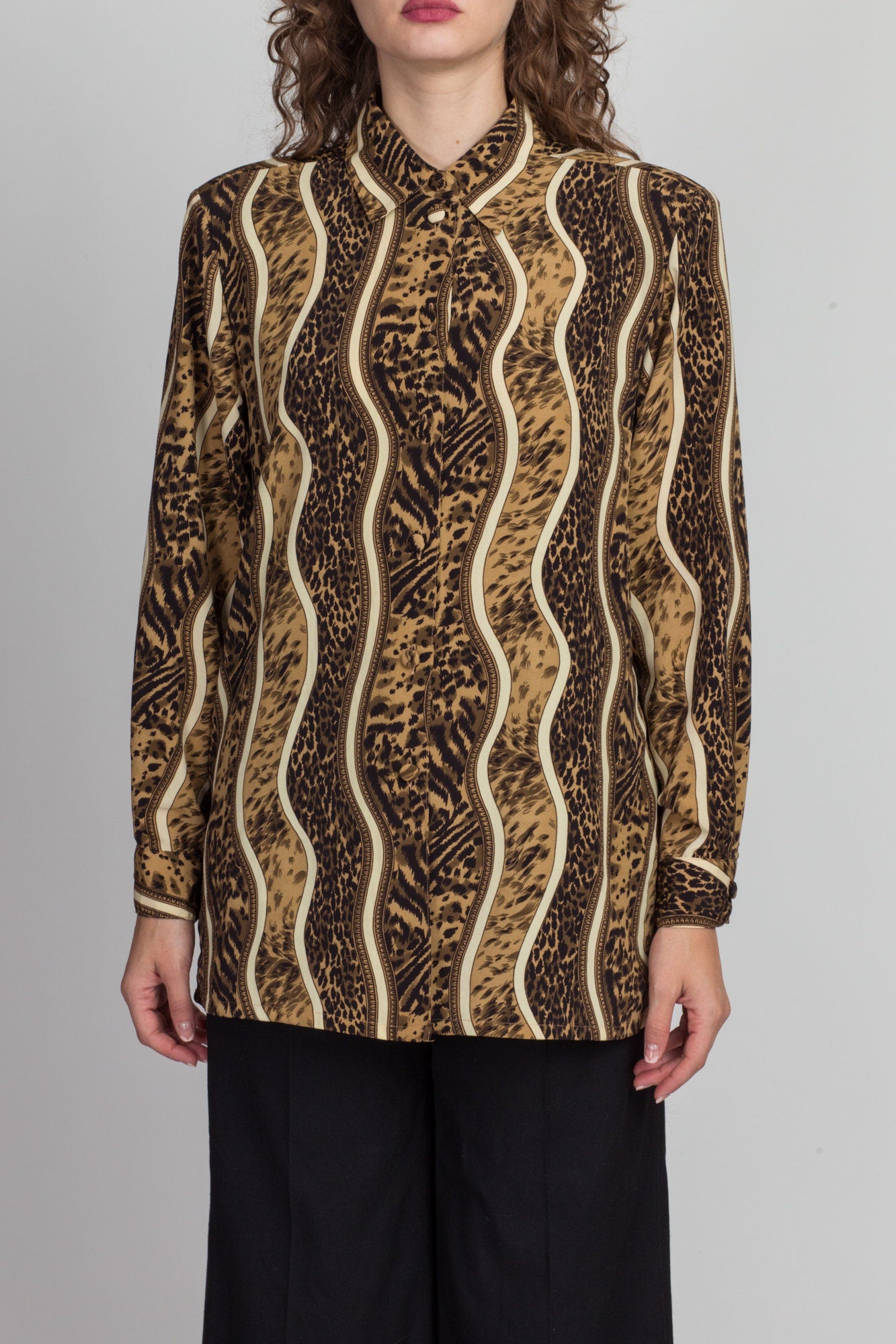 80s Wavy Striped Leopard Print Oversize Blouse - Medium 