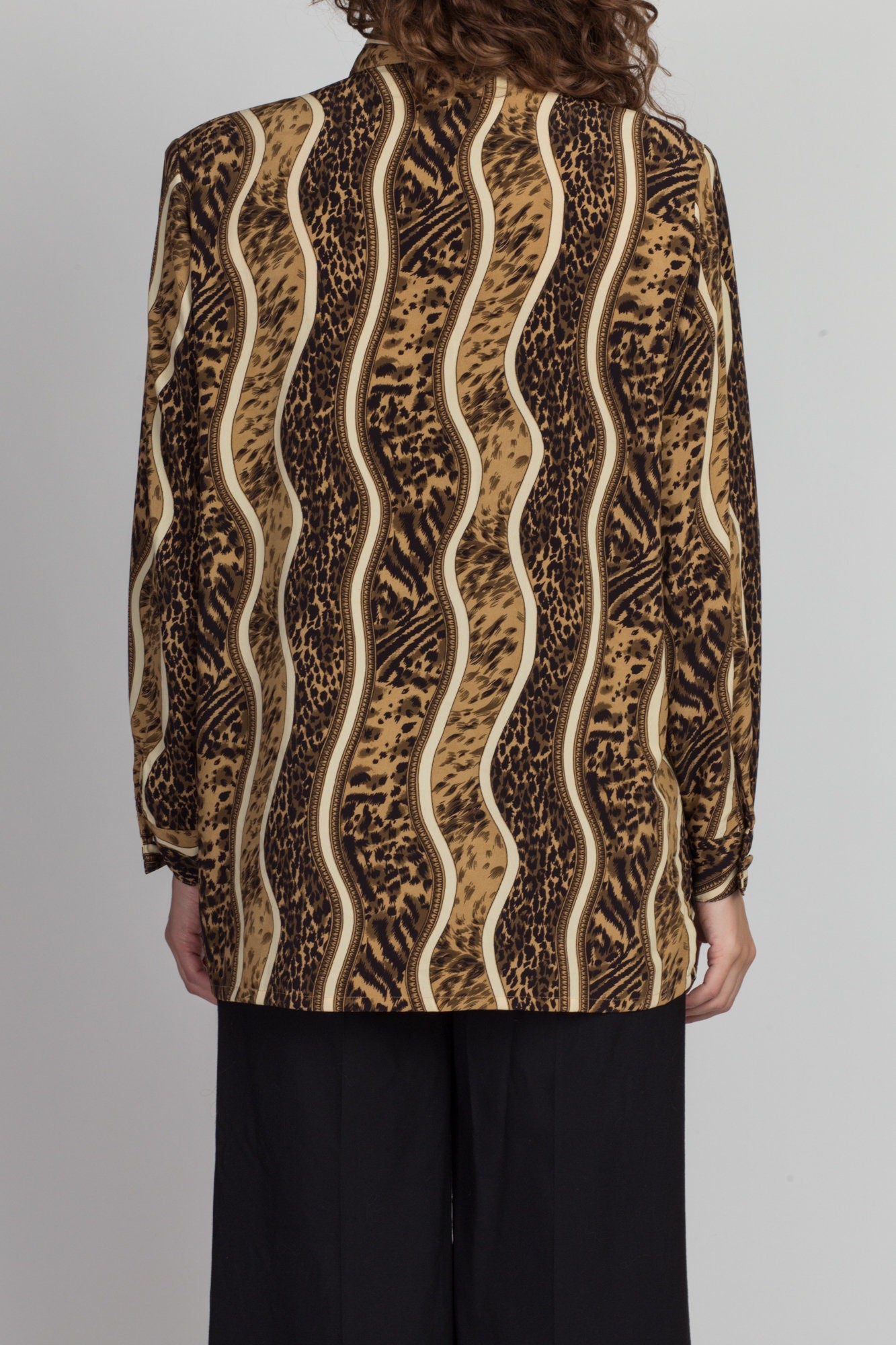 80s Wavy Striped Leopard Print Oversize Blouse - Medium 