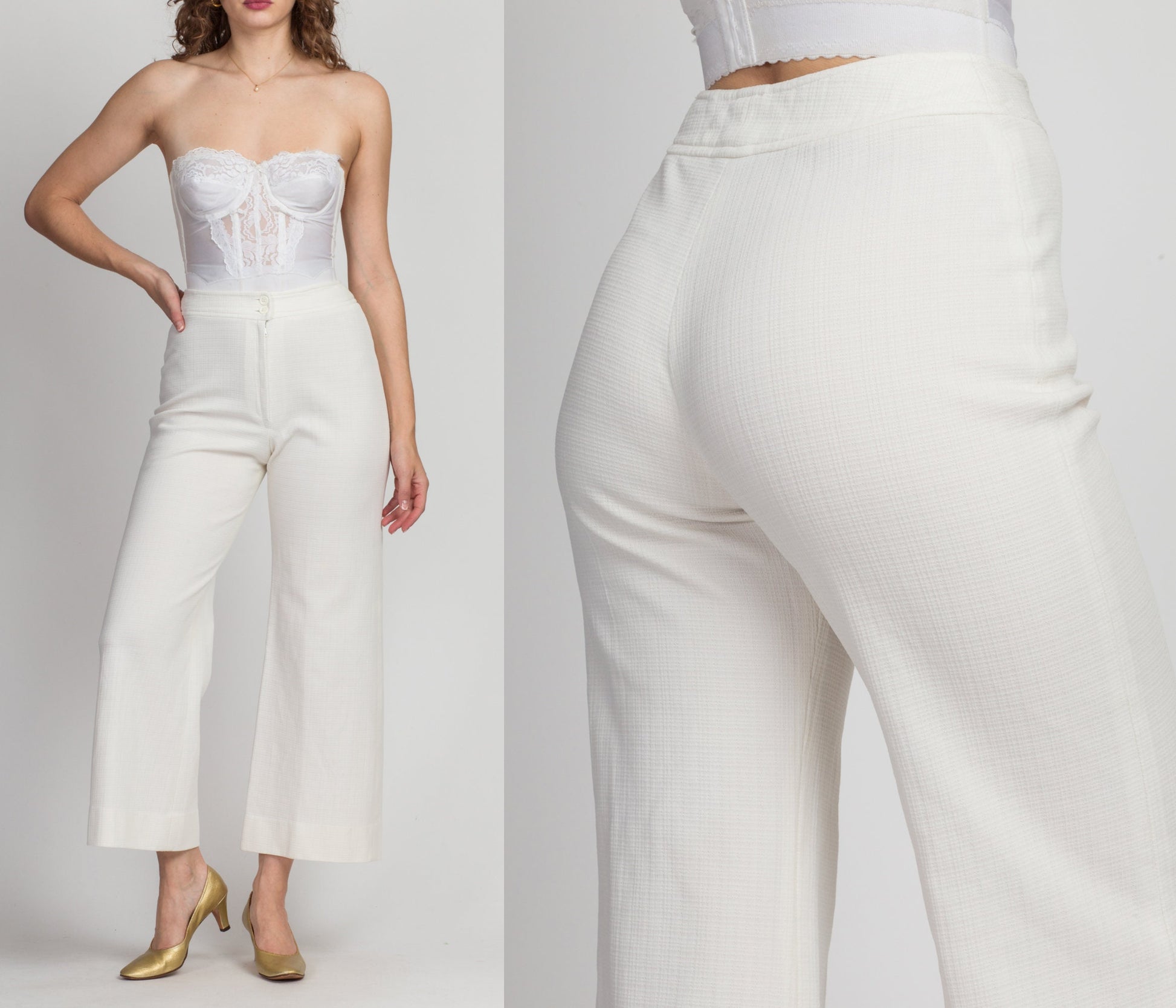 70s White High Waist Flared Pants - Extra Small, 25" 