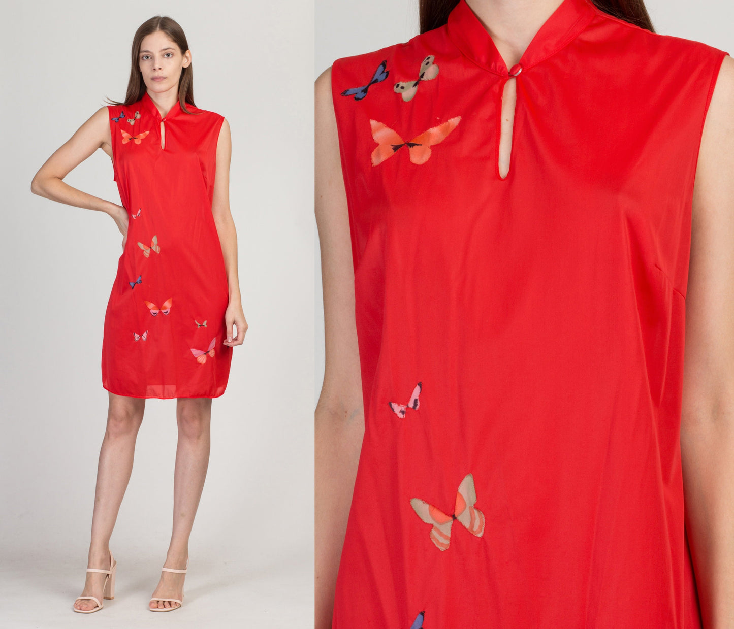 70s Red Butterfly Slip Dress - Medium 