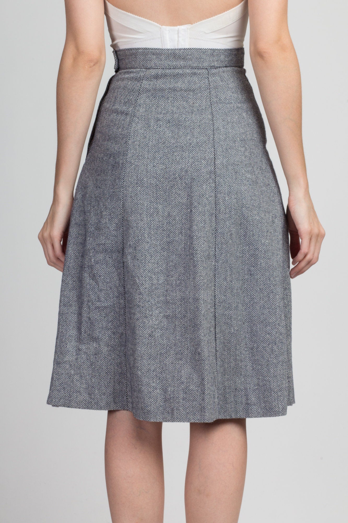 70s Herringbone Pleated Wool Skirt - Extra Small, 24" 