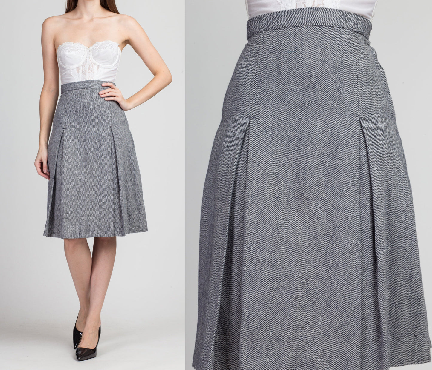 70s Herringbone Pleated Wool Skirt - Extra Small, 24" 