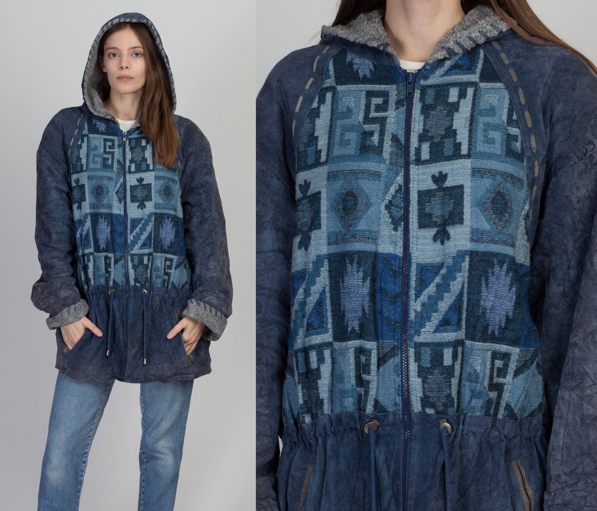 90s Blue Suede Southwestern Hooded Coat - Men's Large, Women's XL 