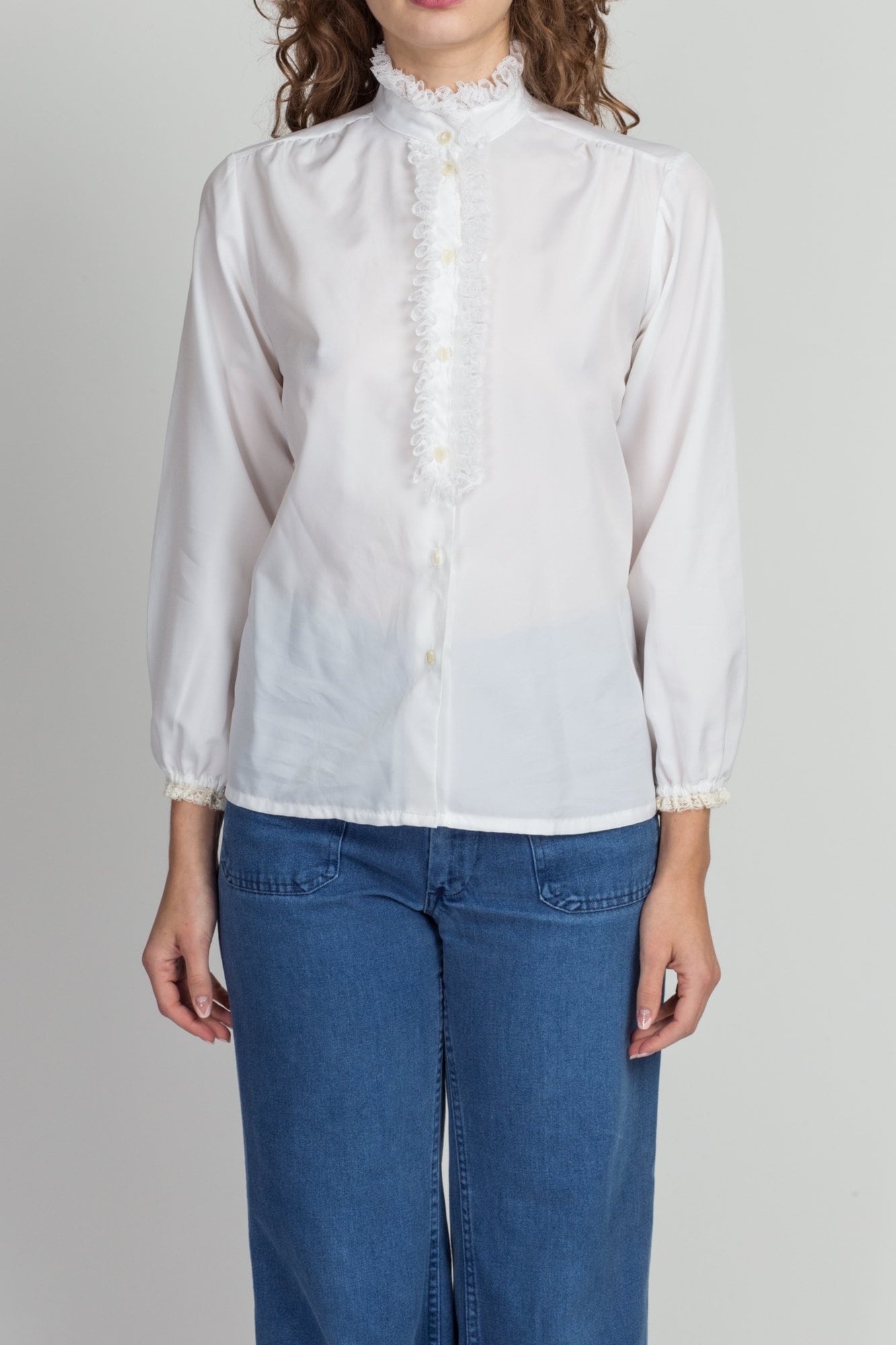 70s Edwardian White Lace Ruffle Blouse - Small 