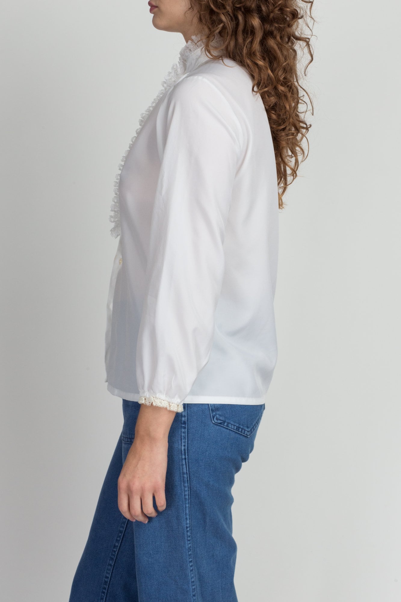 70s Edwardian White Lace Ruffle Blouse - Small 