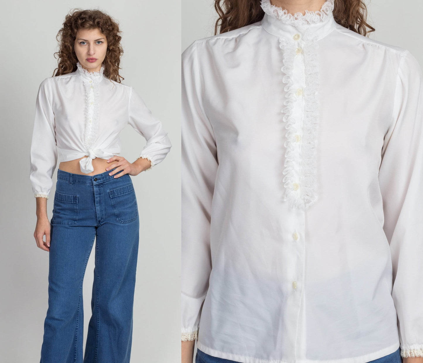 70s Edwardian White Lace Ruffle Blouse - Small 