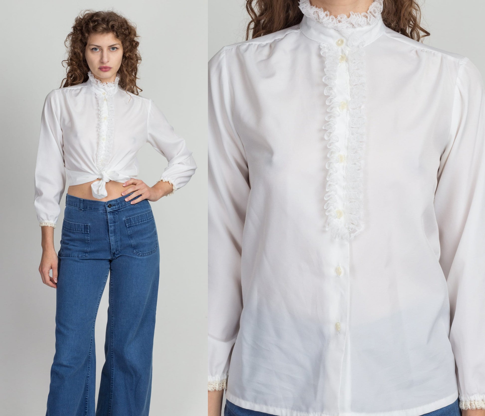 70s Edwardian White Lace Ruffle Blouse - Small 