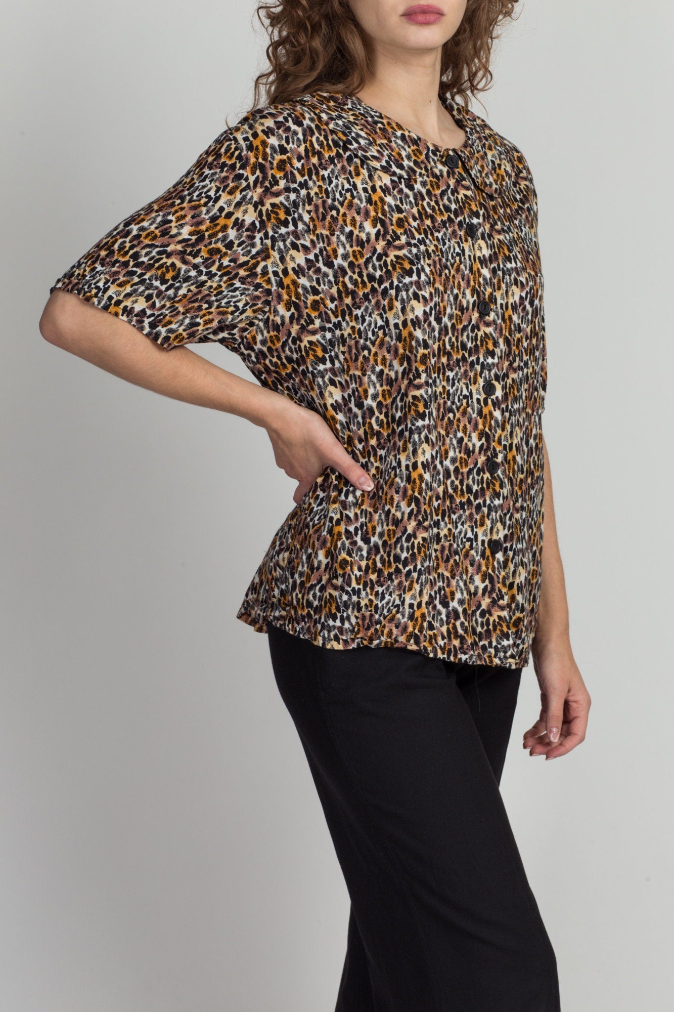 80s Leopard Print Peter Pan Collar Shirt - Extra Large 