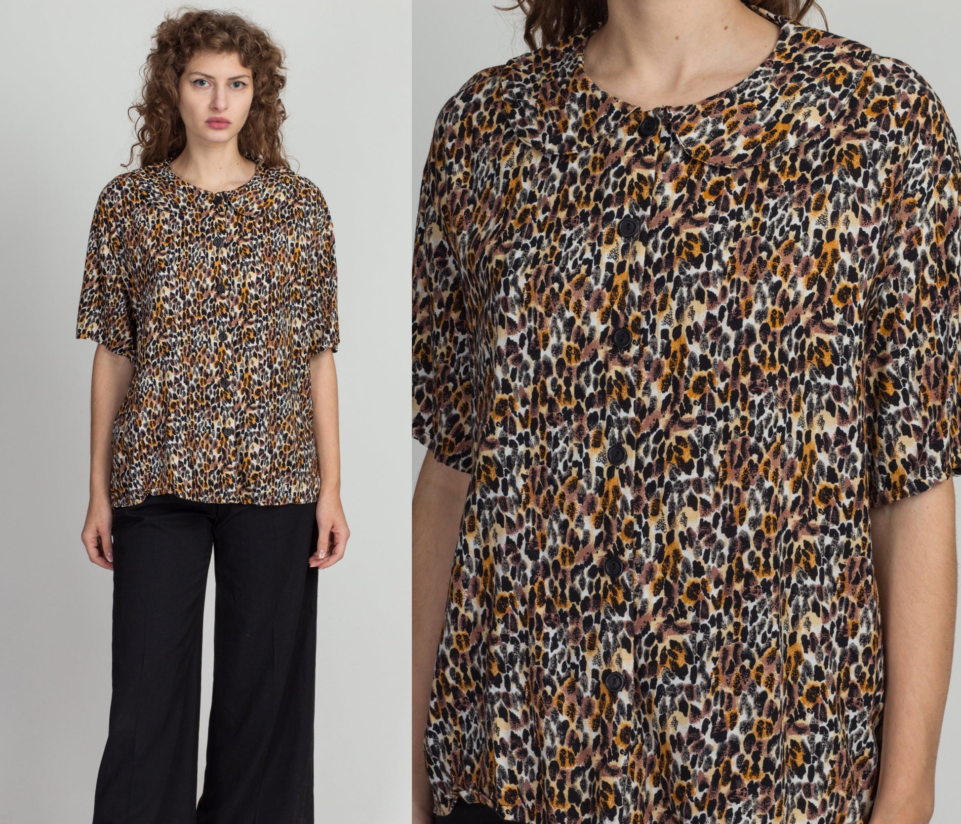 80s Leopard Print Peter Pan Collar Shirt - Extra Large 