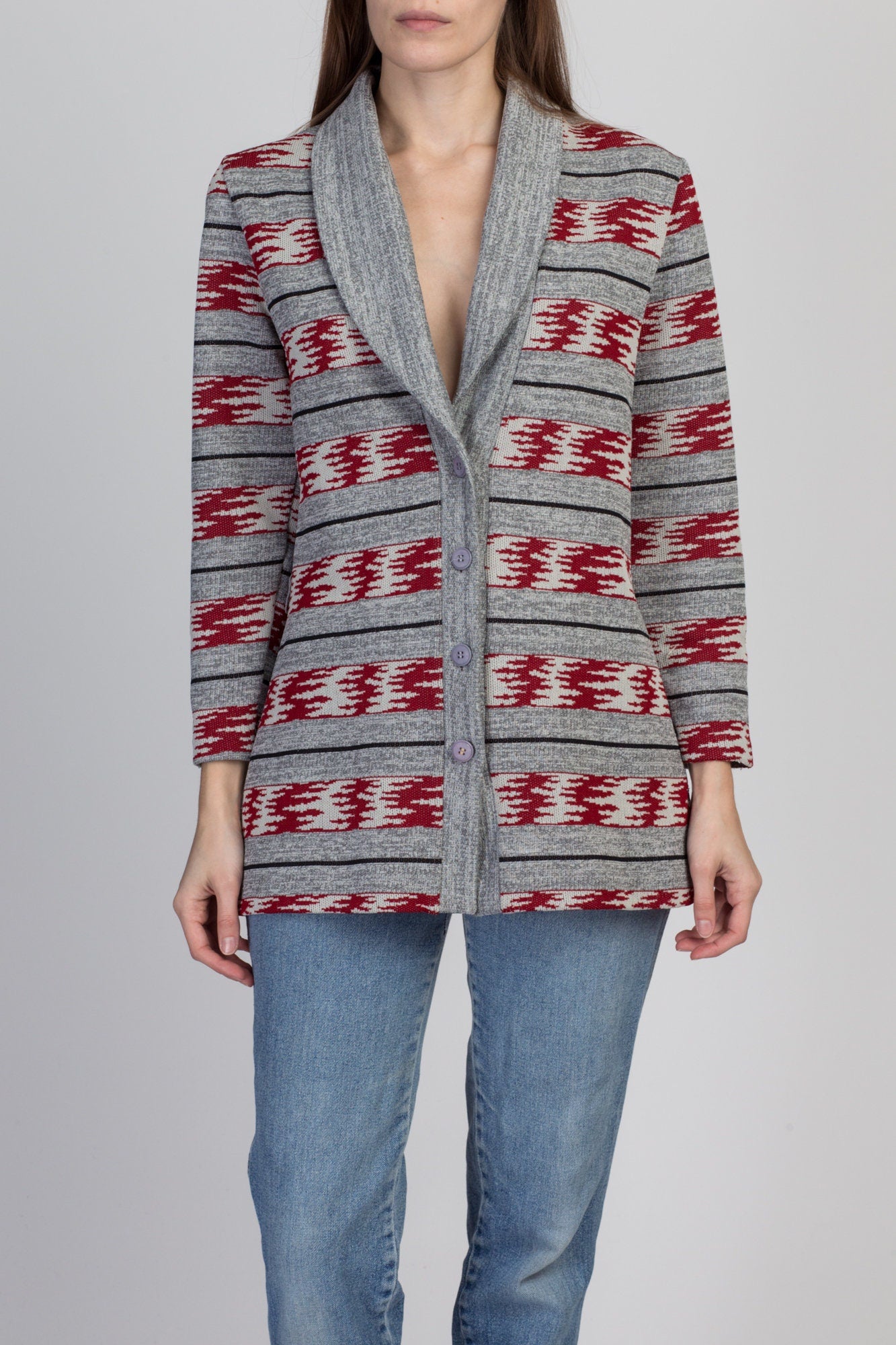 70s Striped Knit Shawl Collar Cardigan - Small 