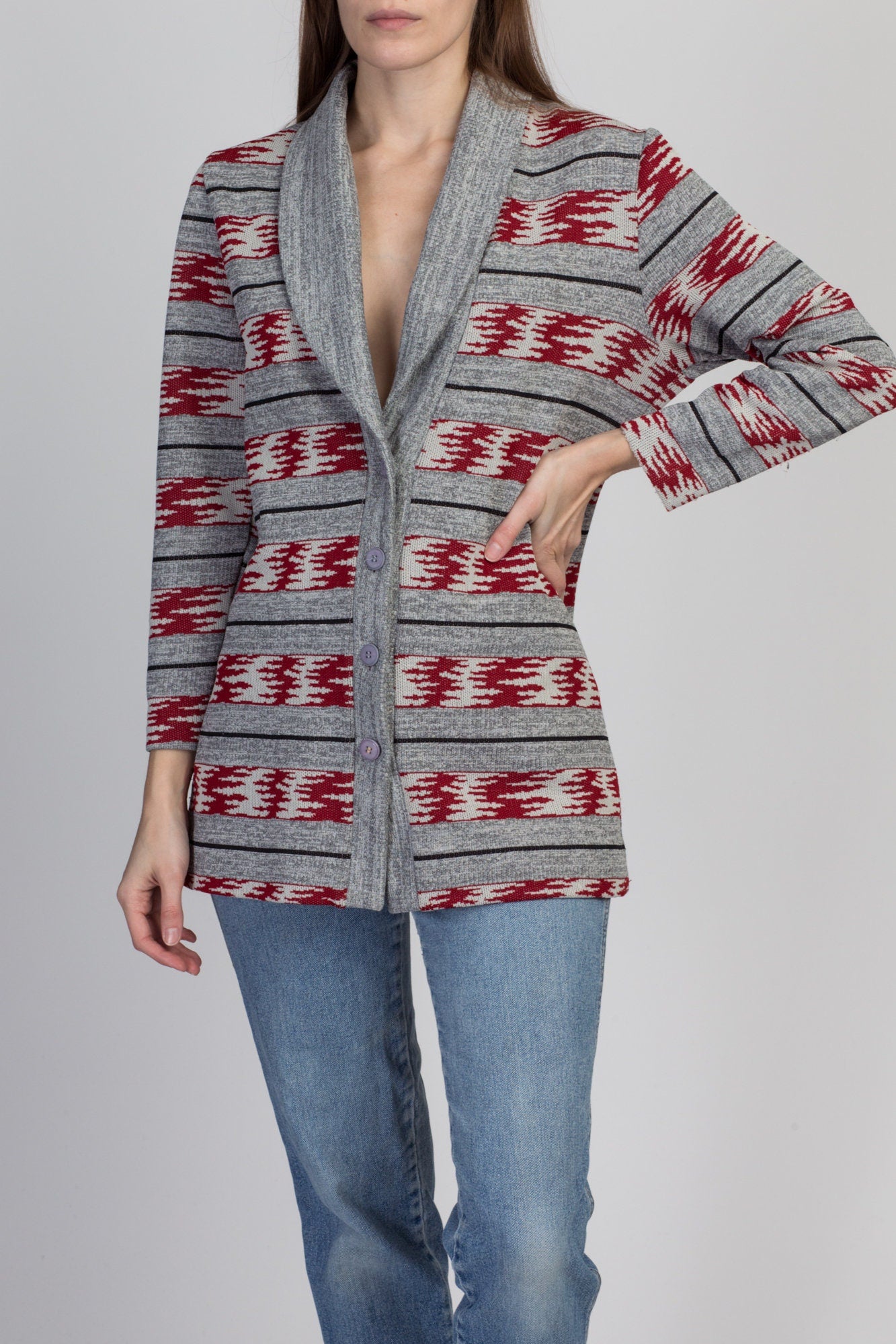 70s Striped Knit Shawl Collar Cardigan - Small 