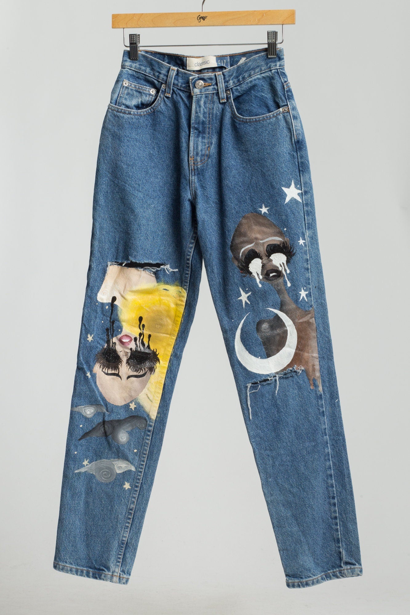Celestial Women Sun Moon Painted Jeans Extra Small 24