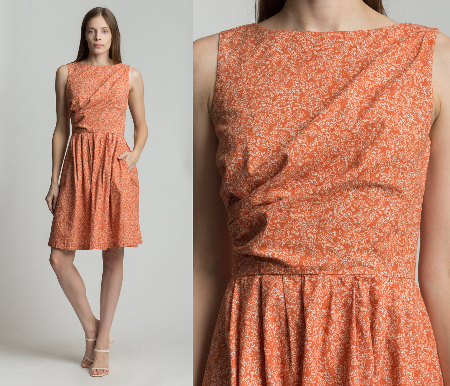 70s Orange Floral Mini Dress - Small 