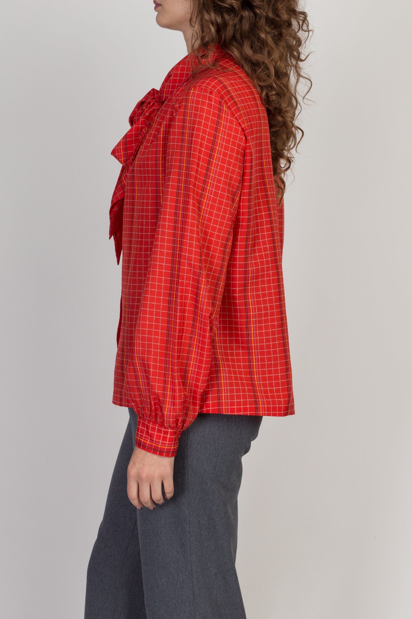 80s Red Grid Striped Secretary Blouse - Large to XL 