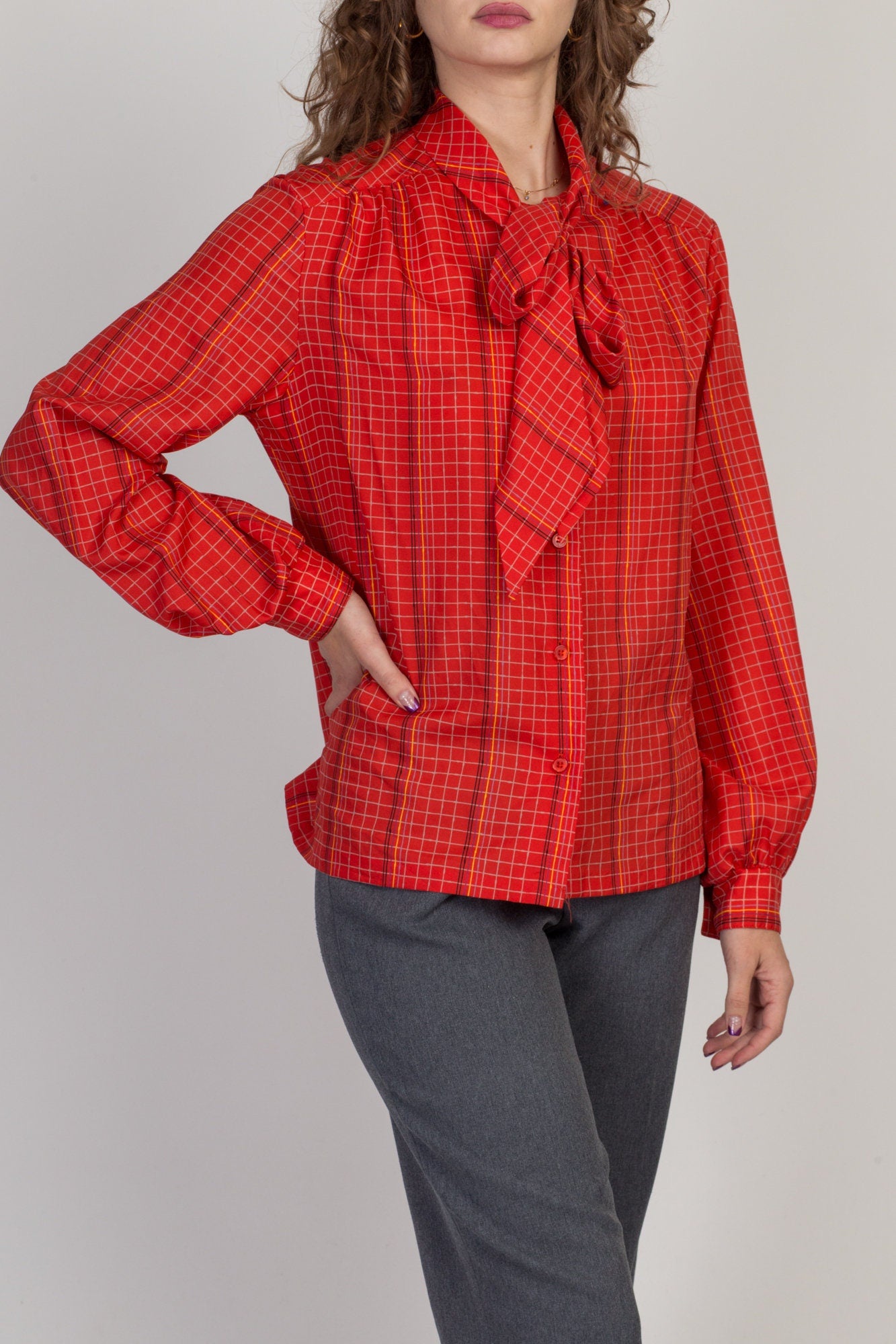 80s Red Grid Striped Secretary Blouse - Large to XL 