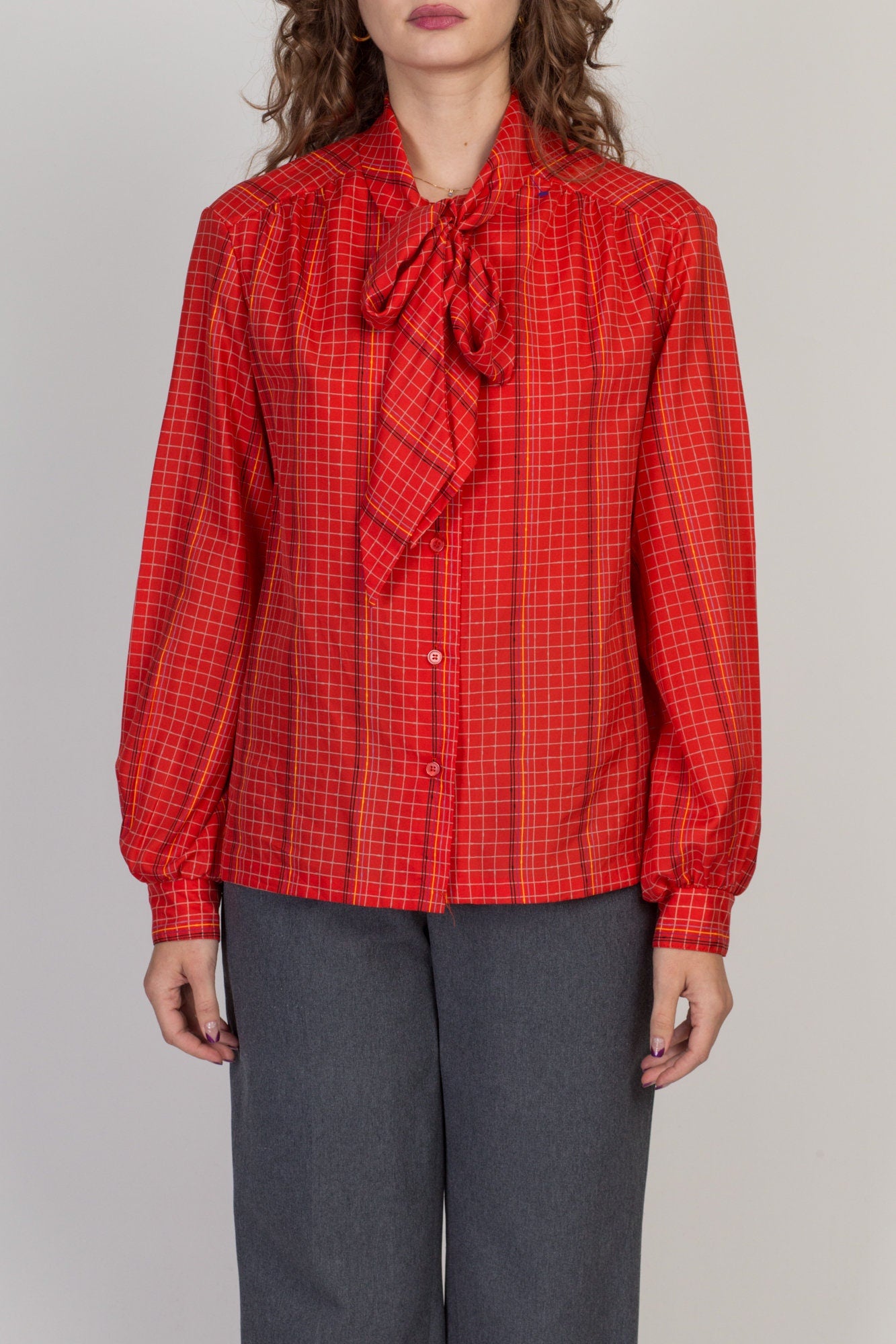 80s Red Grid Striped Secretary Blouse - Large to XL 