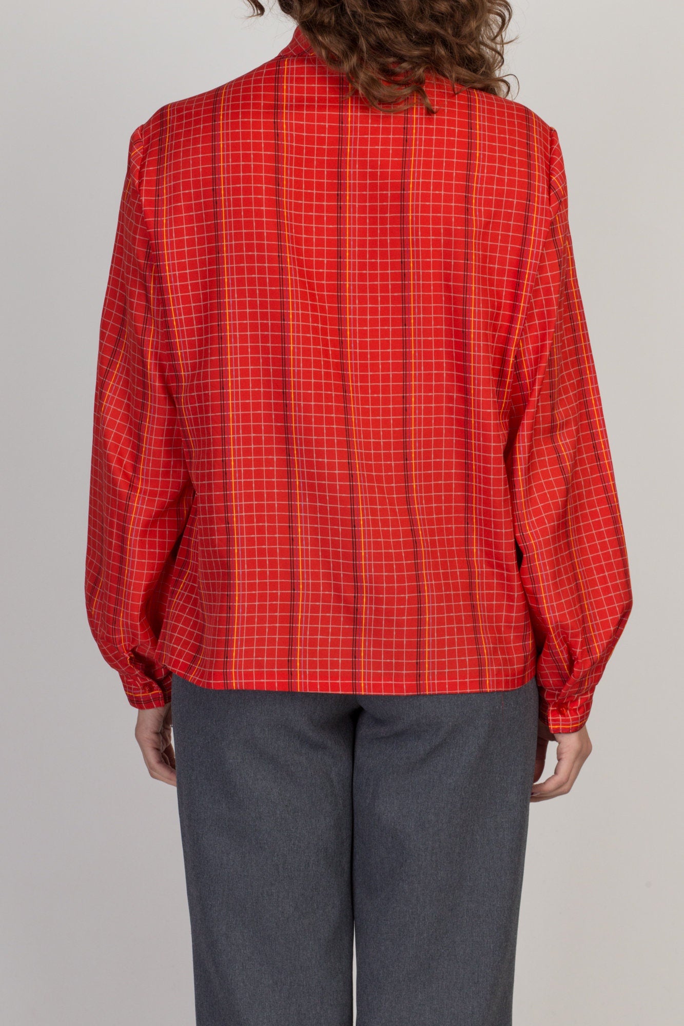 80s Red Grid Striped Secretary Blouse - Large to XL 