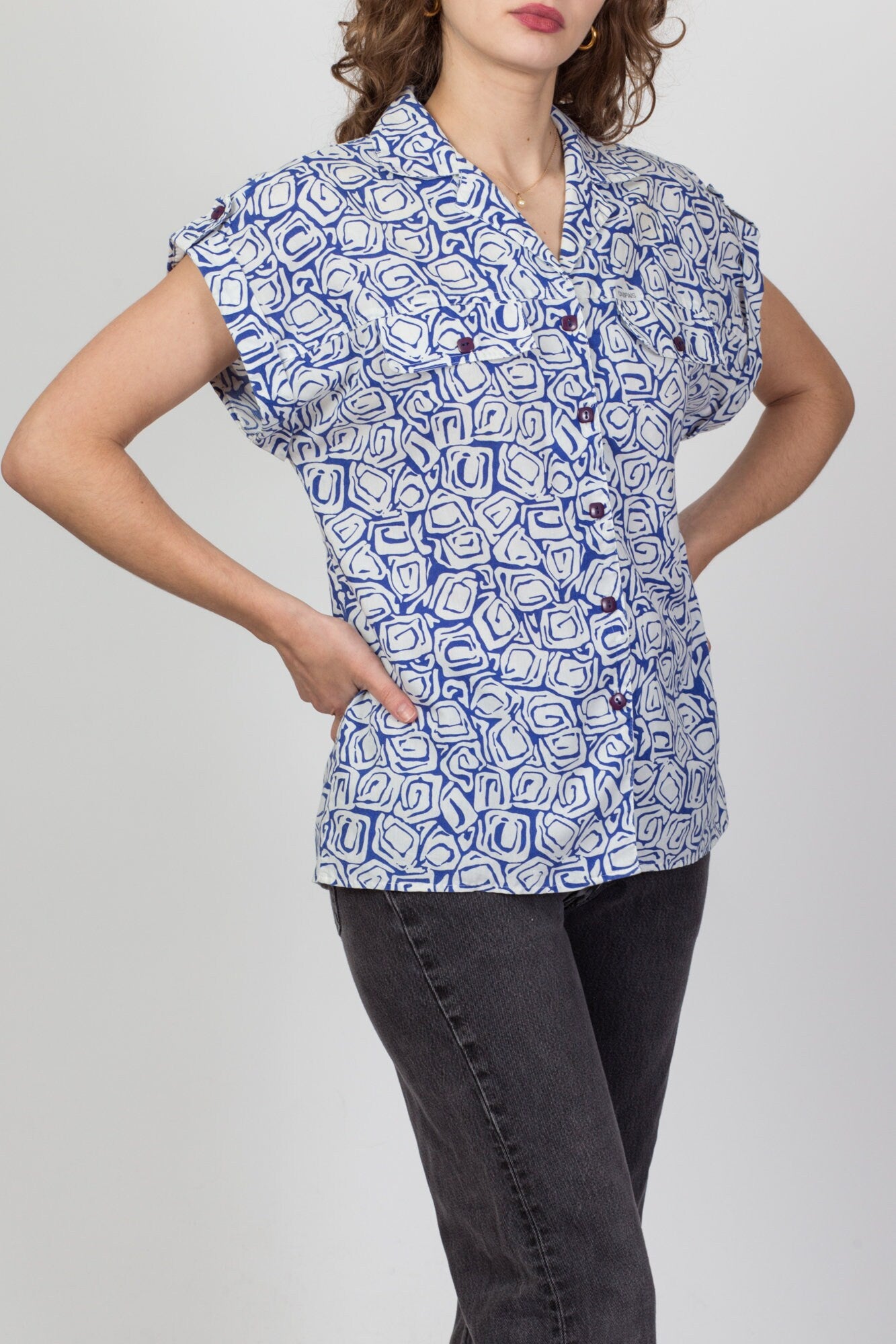 80s Blue & White Abstract Cap Sleeve Shirt - Medium 