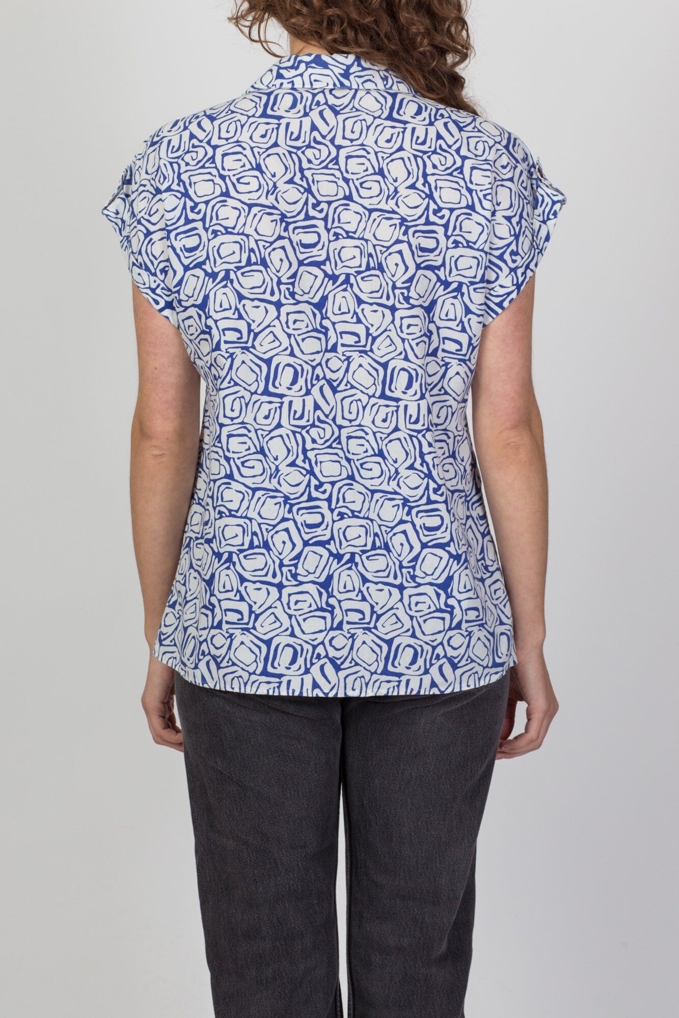 80s Blue & White Abstract Cap Sleeve Shirt - Medium 