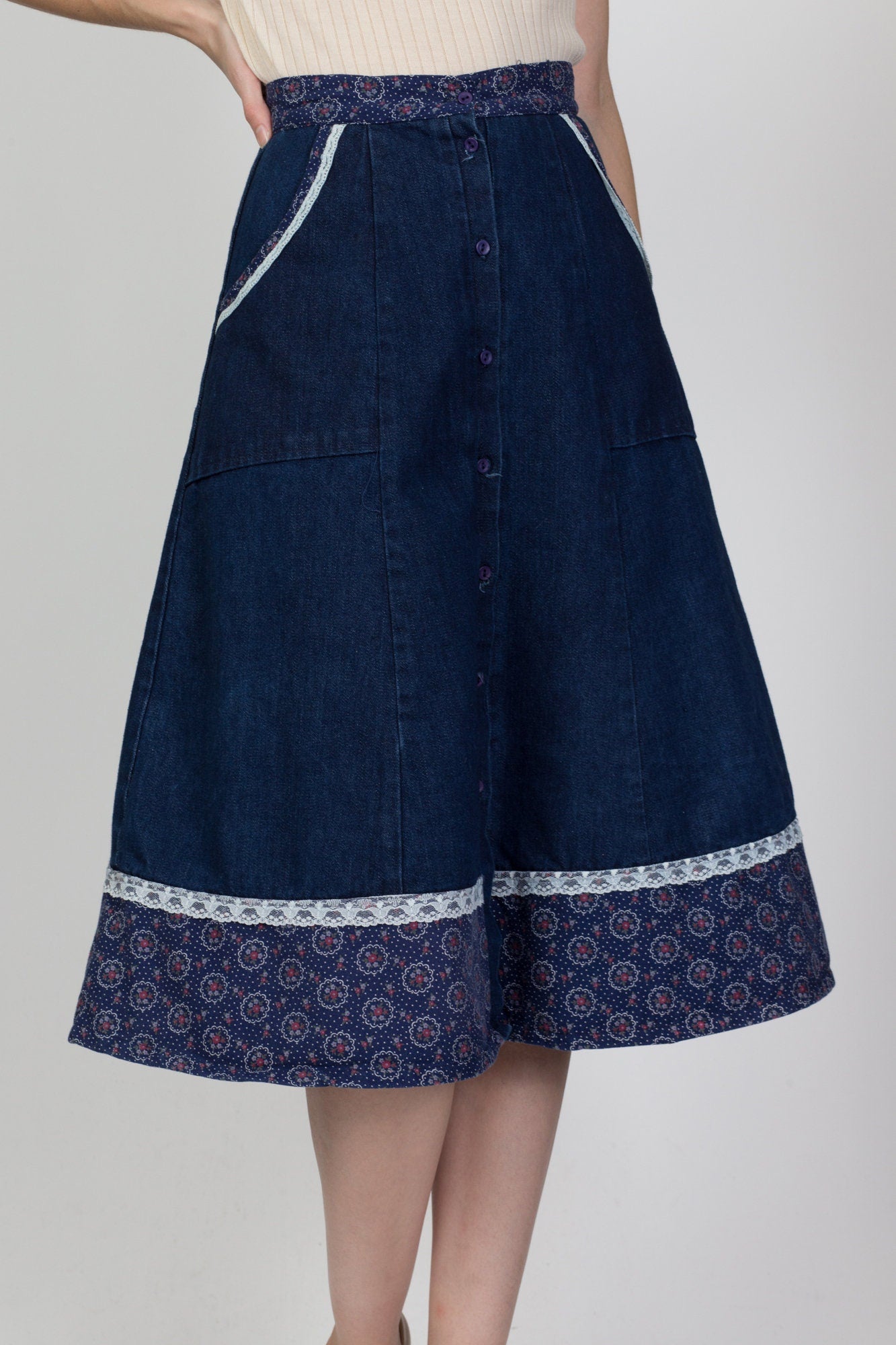 70s Boho Denim Floral Lace Trim Skirt - Extra Small, 24" 