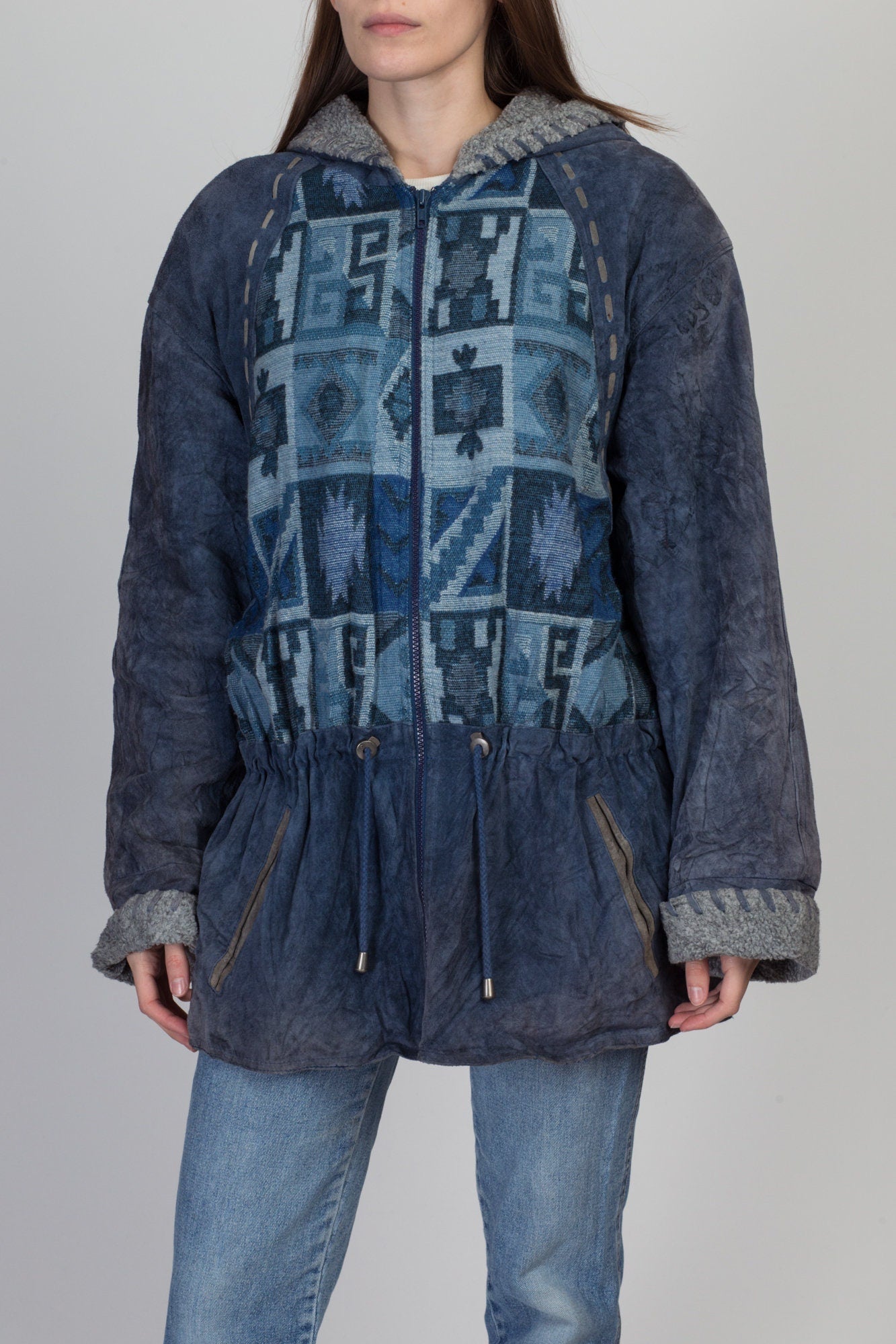 90s Blue Suede Southwestern Hooded Coat - Men's Large, Women's XL 