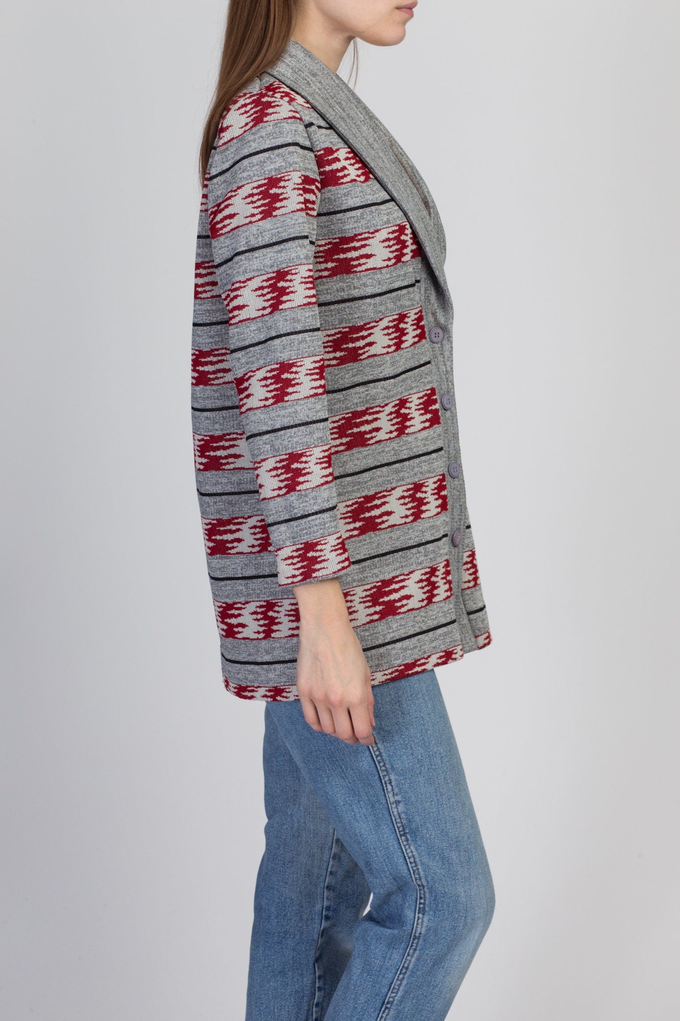 70s Striped Knit Shawl Collar Cardigan - Small 