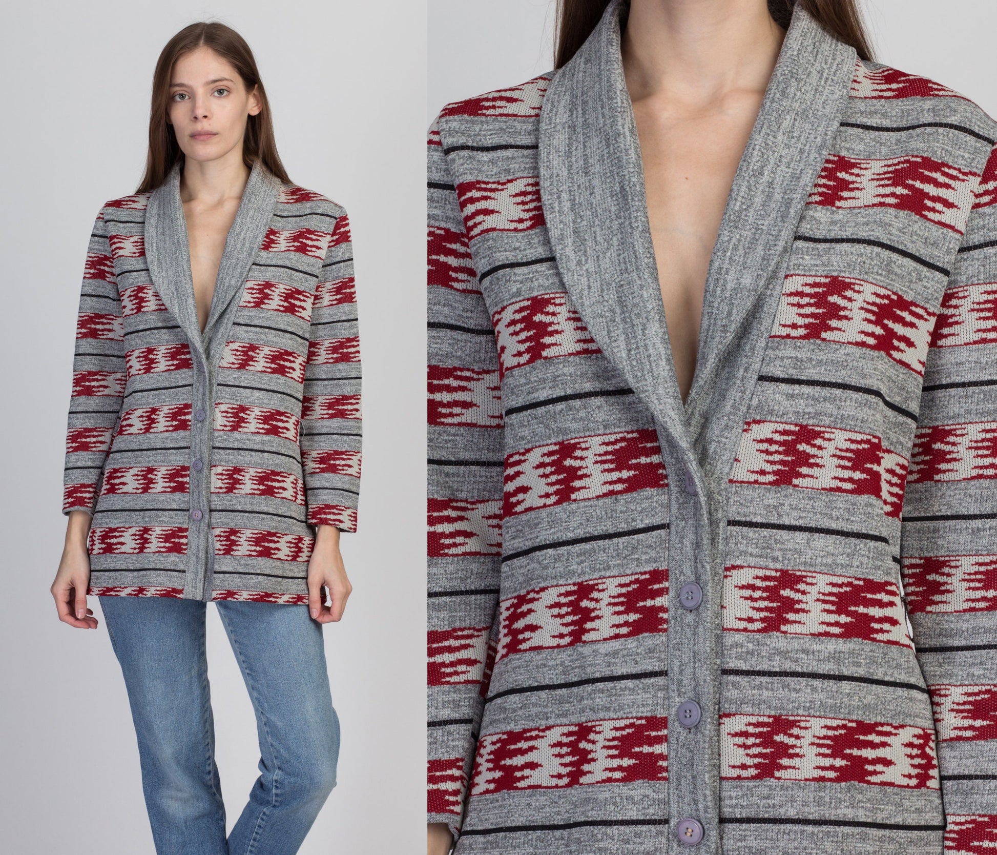 70s Striped Knit Shawl Collar Cardigan - Small 