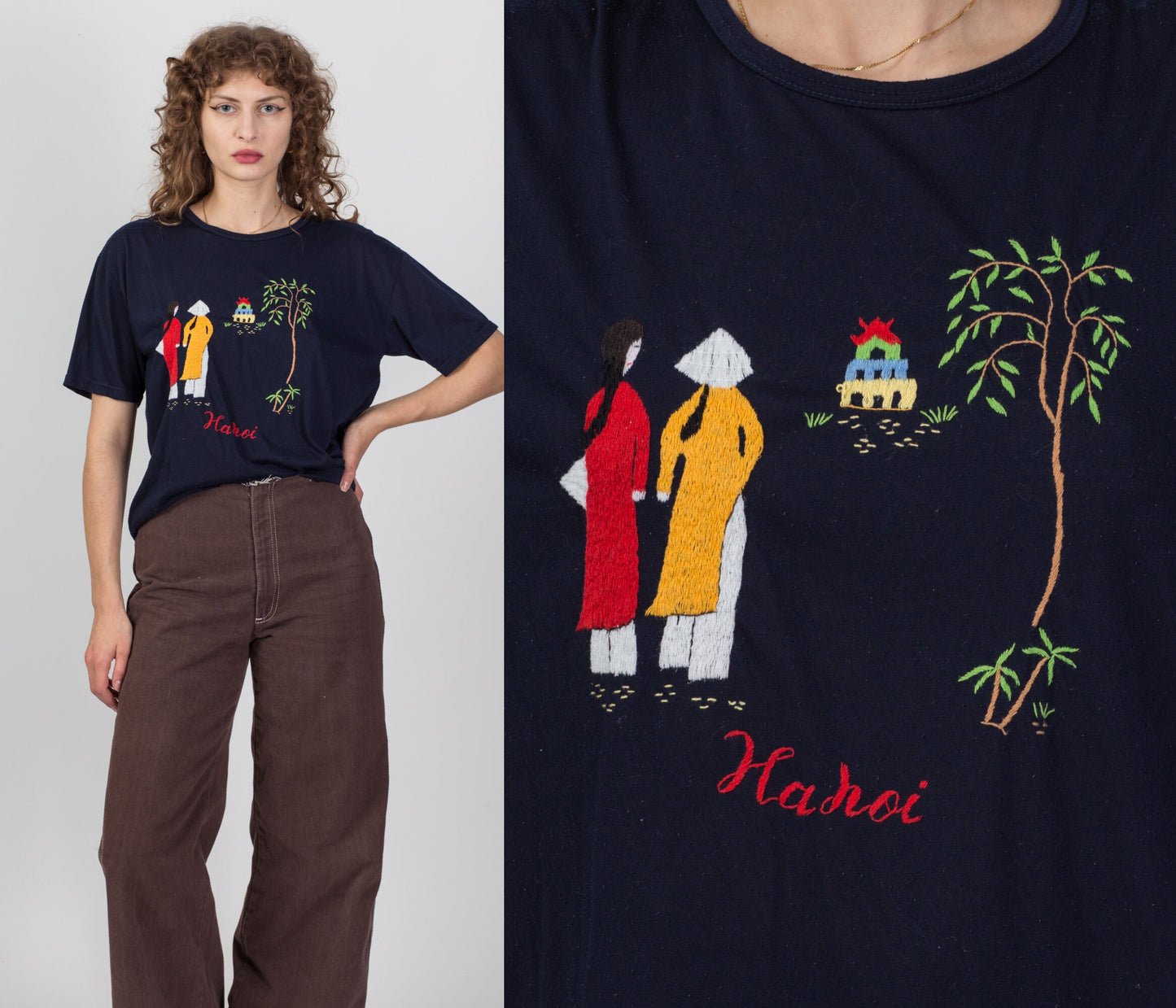 80s Hanoi Vietnam Embroidered Tourist T Shirt - Men's Medium, Women's Large 