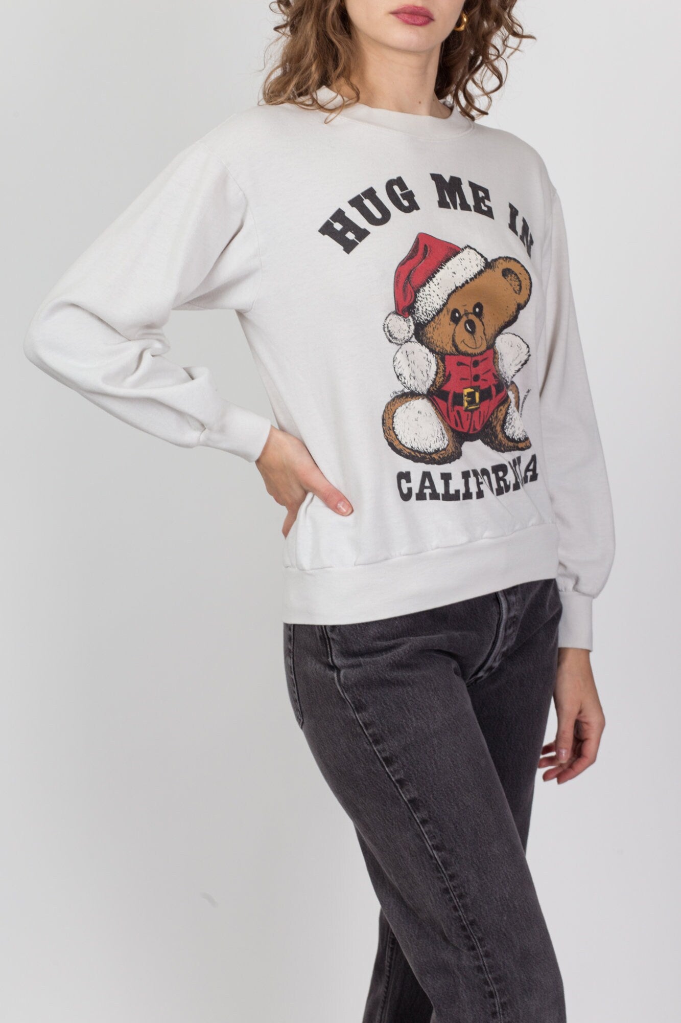 90s "Hug Me In California" Teddy Bear Santa Sweatshirt - Medium 