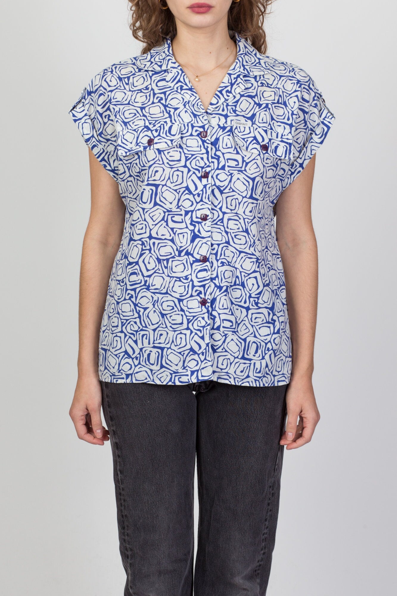 80s Blue & White Abstract Cap Sleeve Shirt - Medium 