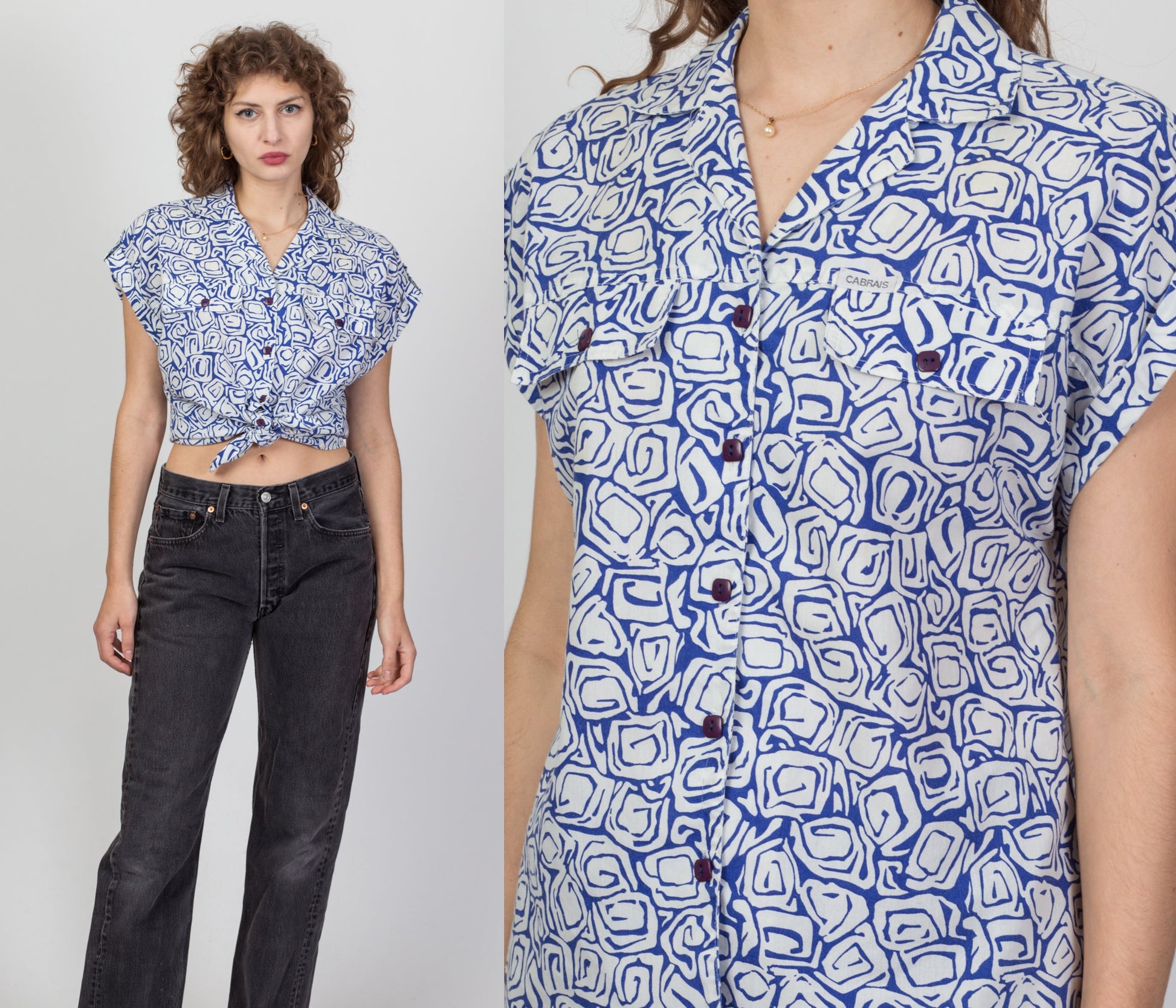 80s Blue & White Abstract Cap Sleeve Shirt - Medium 