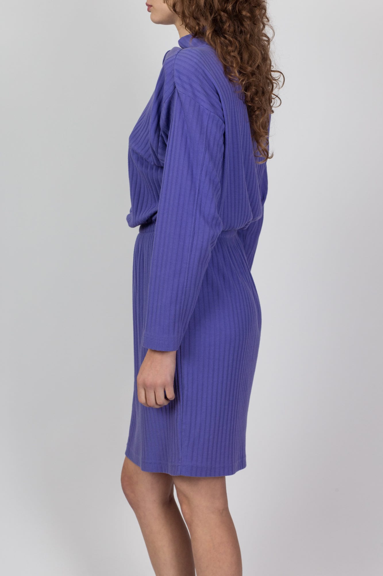 80s Purple Mini Ribbed Sweater Dress - Large | Vintage Slouchy Pullover Long Sleeve Dress