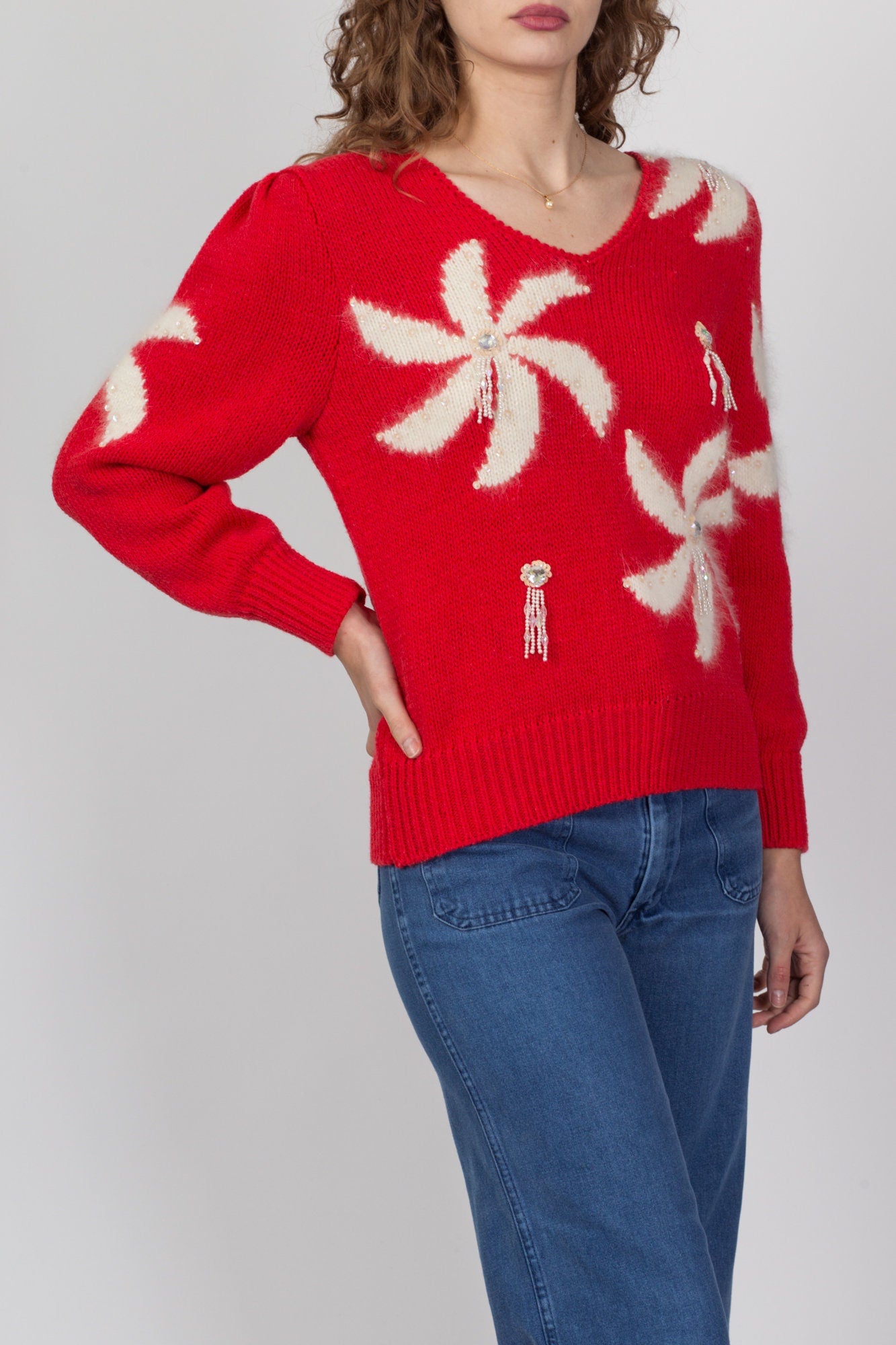 80s Red & White Pinwheel Angora Sweater - Medium 