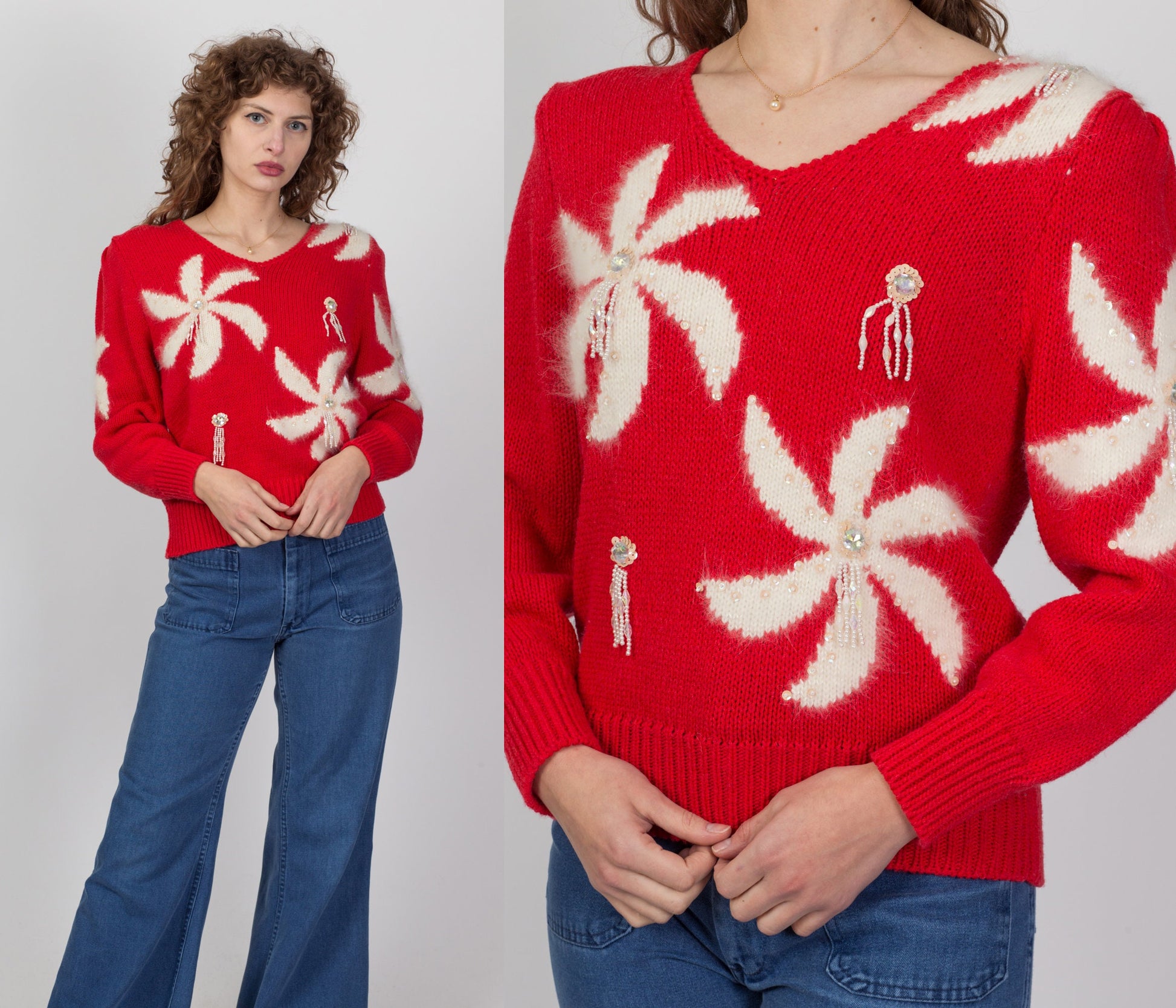 80s Red & White Pinwheel Angora Sweater - Medium 