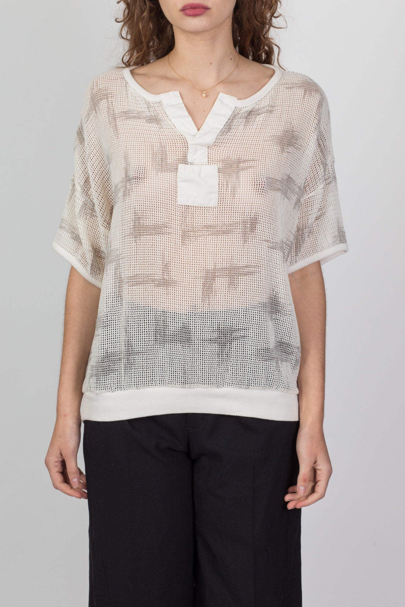 80s Net Mesh Henley Shirt - Medium 