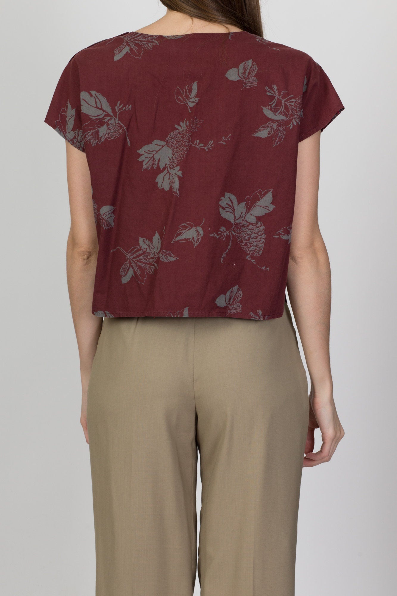 Vintage Burgundy Floral Cropped Blouse - Large 