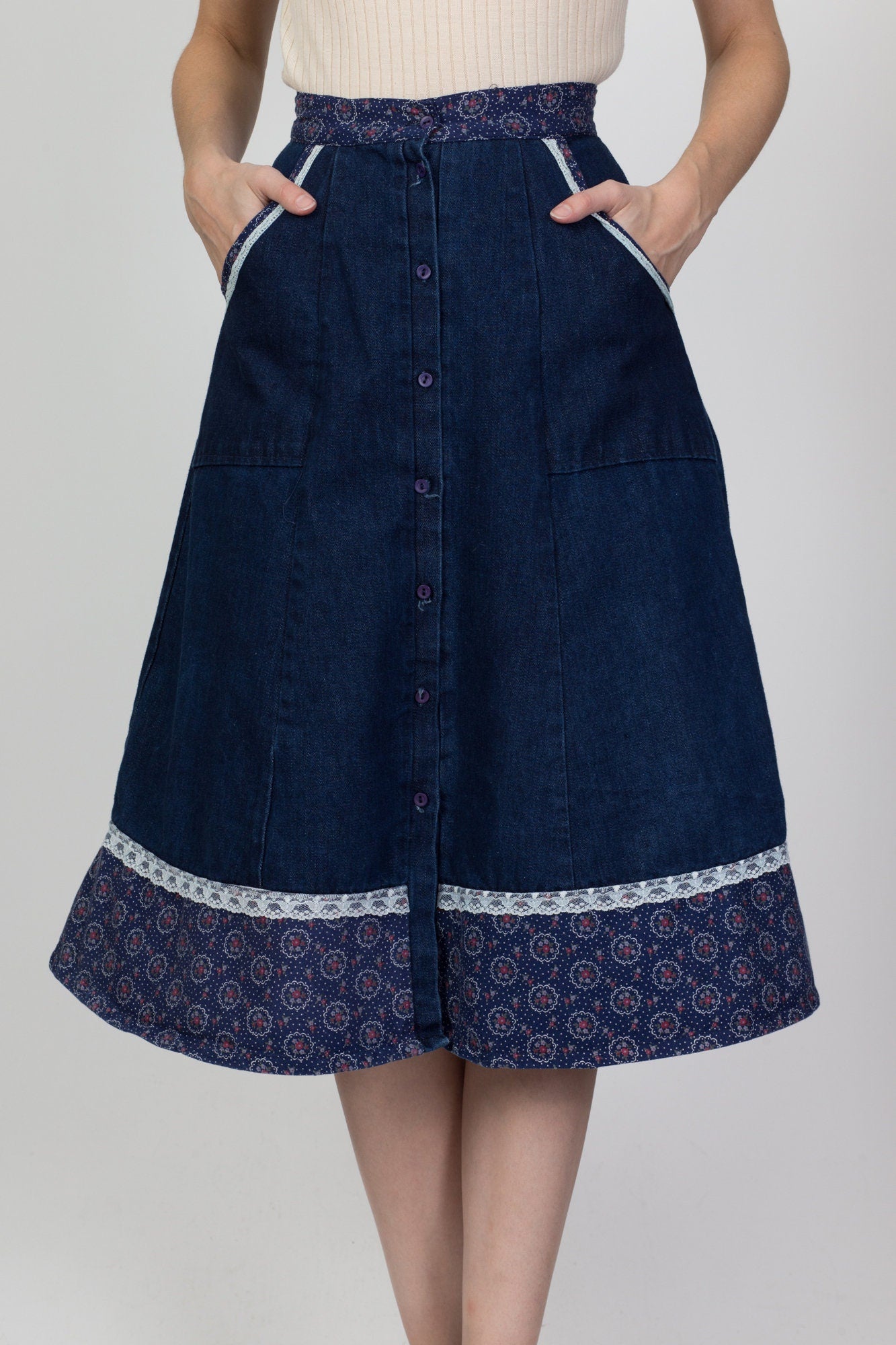 70s Boho Denim Floral Lace Trim Skirt - Extra Small, 24" 