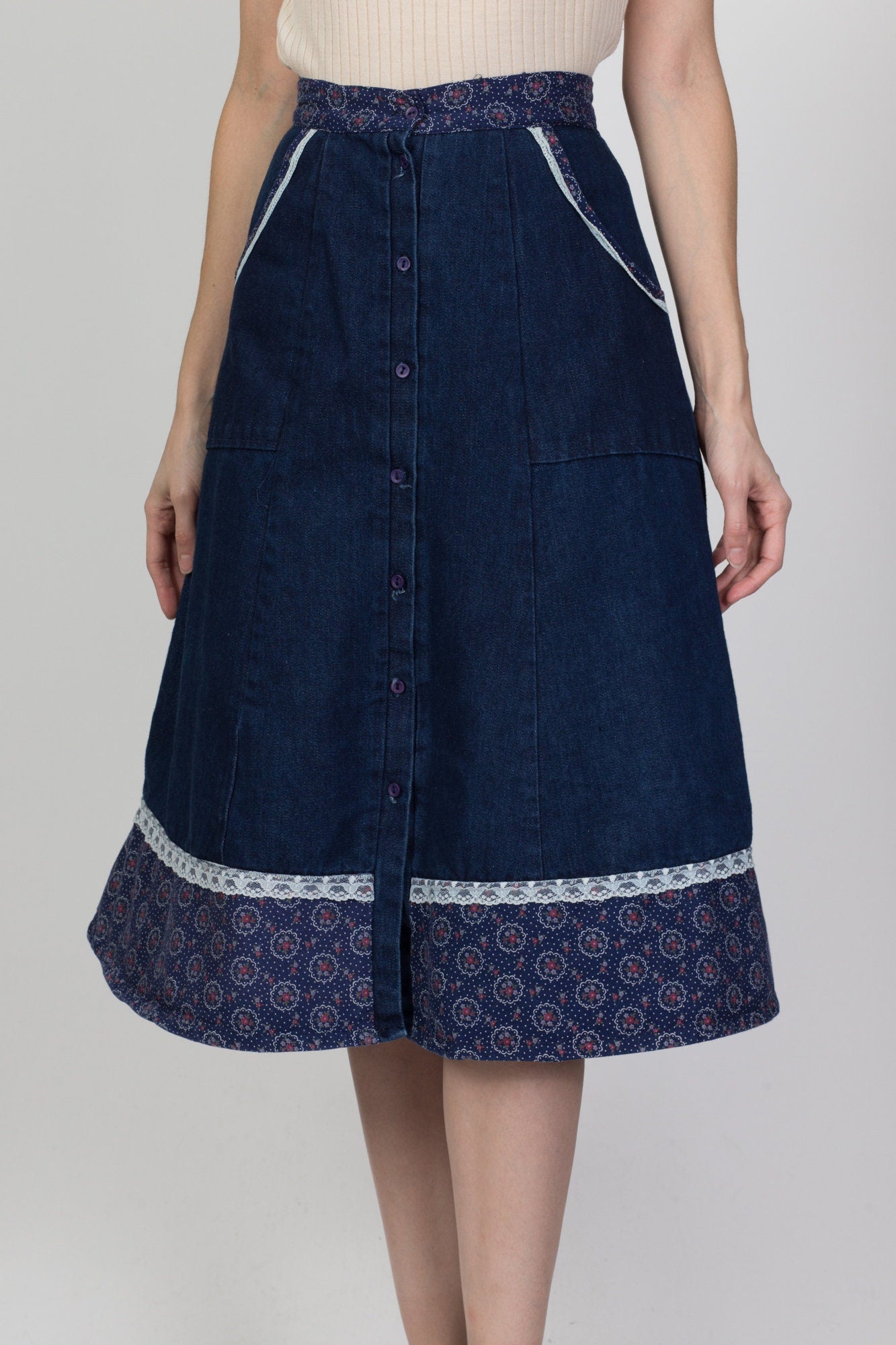 70s Boho Denim Floral Lace Trim Skirt - Extra Small, 24" 