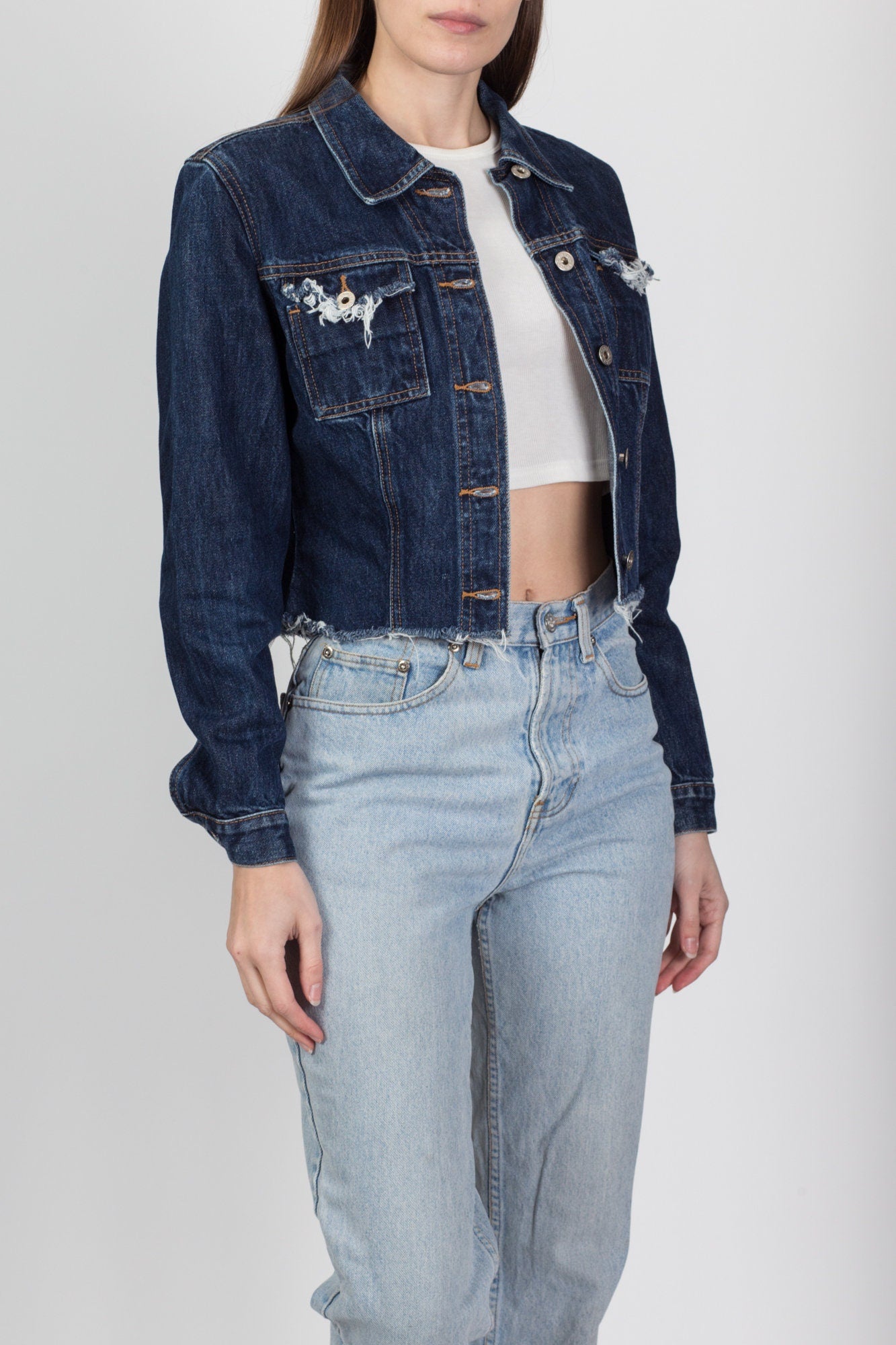 MISS MOLY Women's Cropped Denim Jacket Frayed Washed Button Up Casual Jean  Jacket Vest w 2 Side Pockets at Amazon Women's Coats Shop
