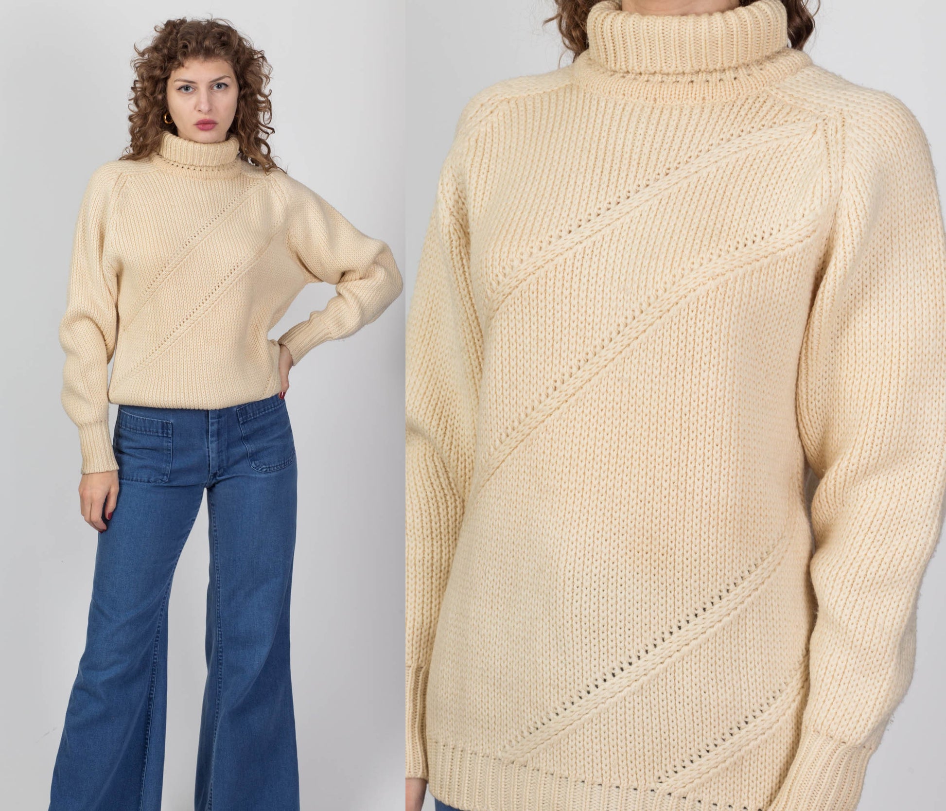 70s Jaeger Cream Wool Turtleneck Sweater - Men's Medium, Women's Large 