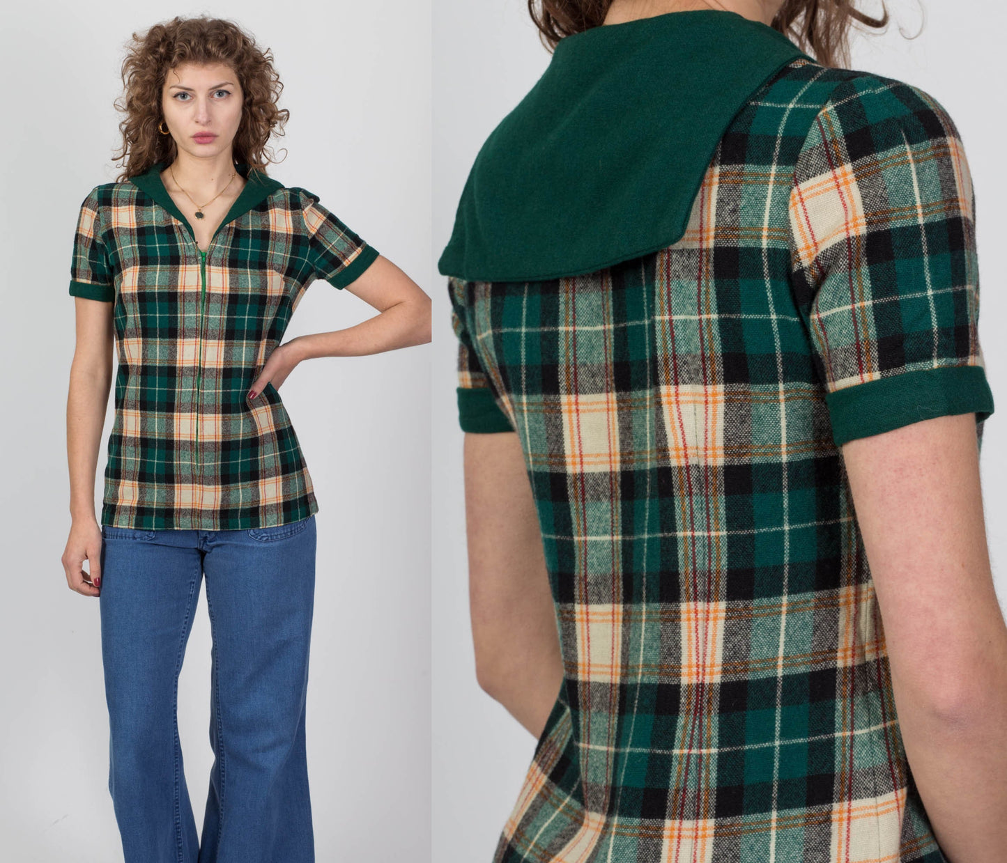 60s 70s Plaid Wool Zip Up Top - Small 