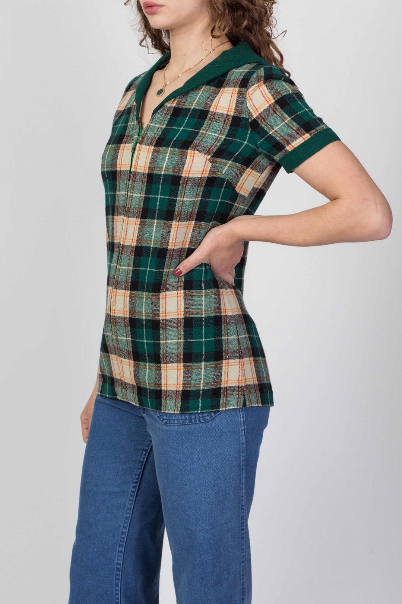 60s 70s Plaid Wool Zip Up Top - Small 